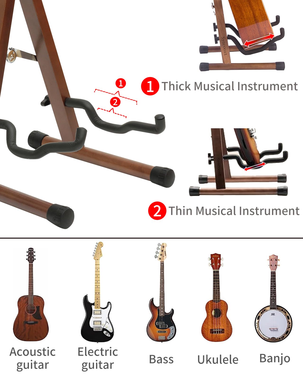 Syncoost Wood Guitar Stand with Tuner, Acoustic Wooden Floor Stand with Padded Foam, Adjustable for Electric, Bass, Mandolin, Banjo, Ukulele - A-Frame Folding Holder, include Guitar Tuner Clip On