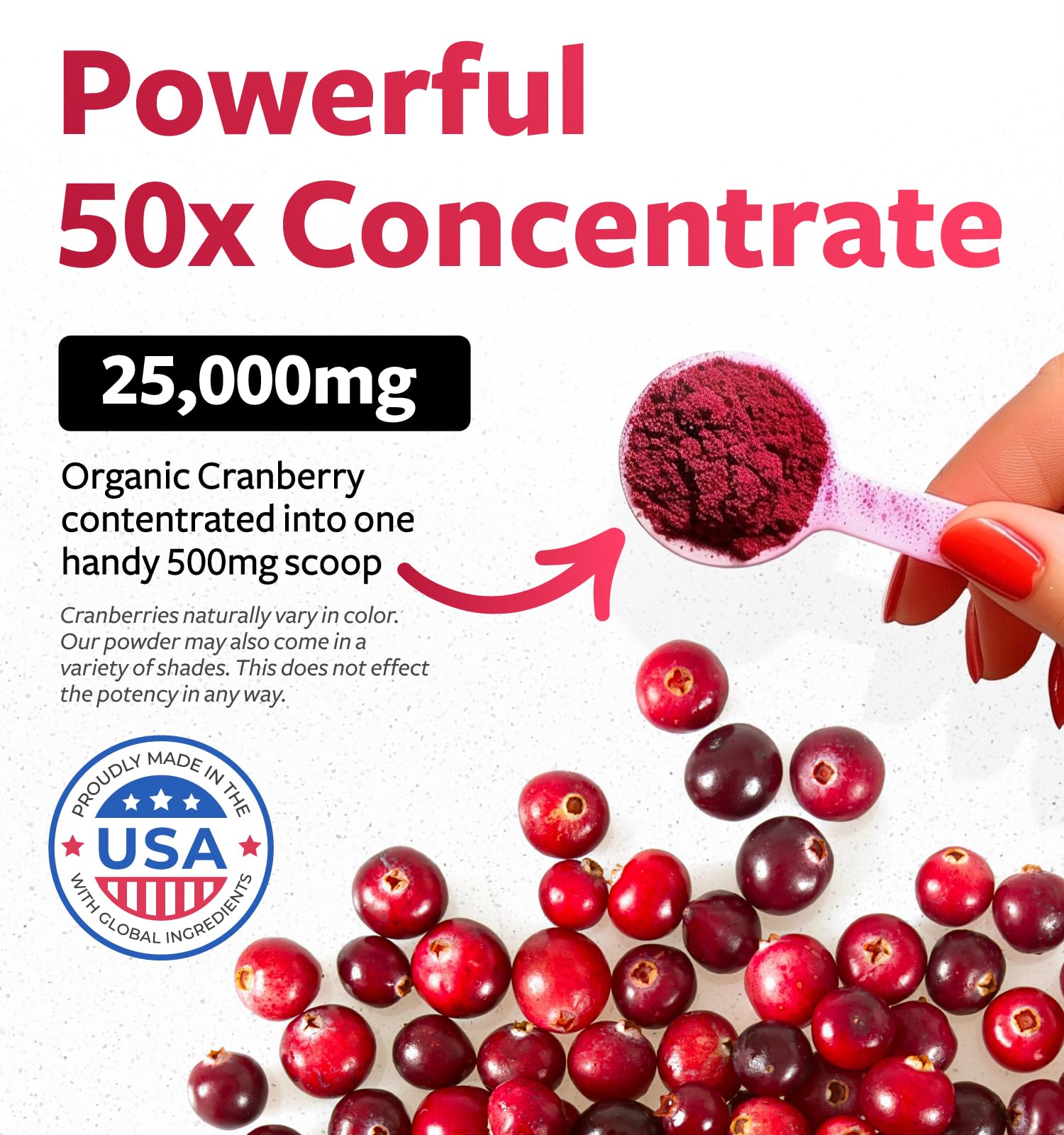 USDA Organic Cranberry Concentrate (50:1) Powder - 500mg is Equivalent to 25,000mg of Fresh Cranberries - for Kidney Cleanse & UTI Support Vitamins - Women - Supplement - 100 Servings - No Pills