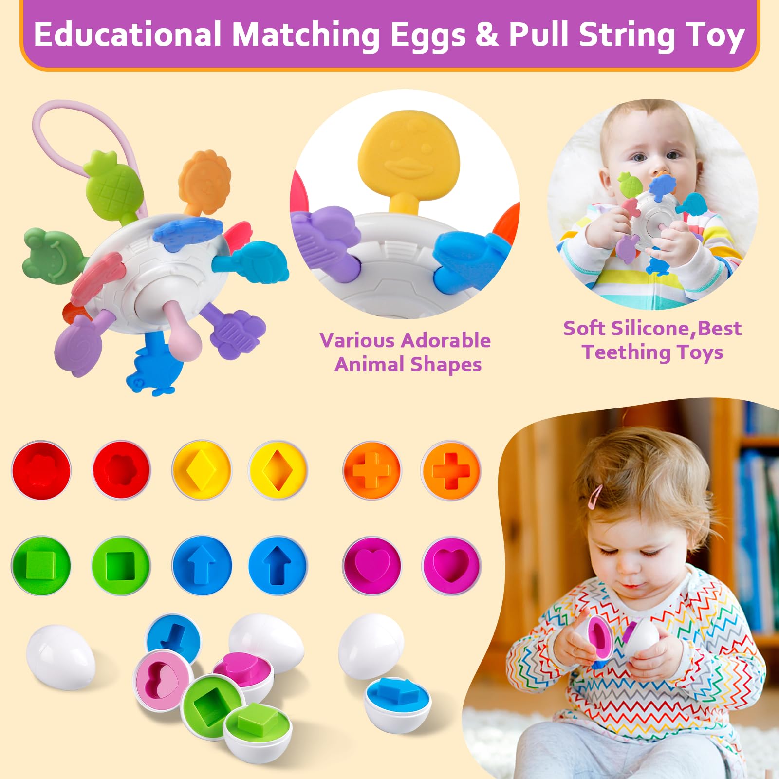 Baby Toys for 6 to 12 Months, Montessori Sensory Bins Toys for Toddlers 1-3, Pull String Teether Infants Bath Toys 6 in 1 Stacking Blocks Rings, Matching Eggs, Suction Cup Spinner Toy