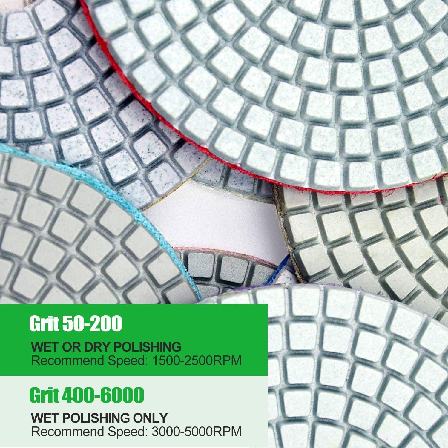 16PCS Wet Dry Diamond Sanding Pads Kit 4 Inch Diamond Polishing Pad 30-6000 Grit with 5/8''-11 Thread Backer Plate for Concrete Marble Quartz Granite Countertop Stone & Tile Polishing(3.9 Inch)