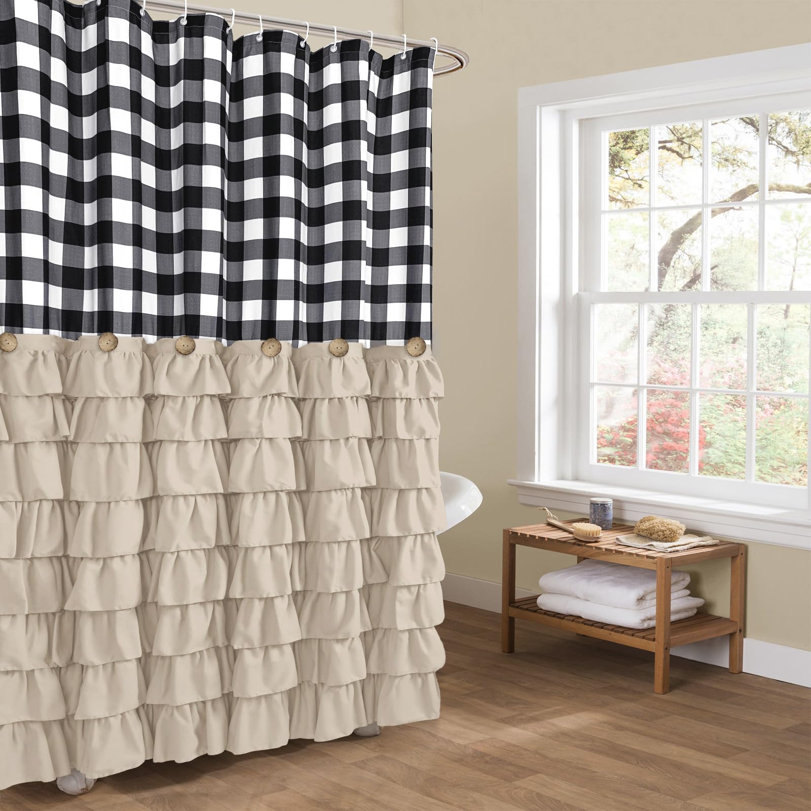 Seasonwood Beige Shower Curtain Buffalo Plaid Pattern Farmhouse Ruffled Shower Curtain with Vintage Buttons, Rustic Decorative Fabric Shower Curtains for Bathroom, 72" x 72", Beige
