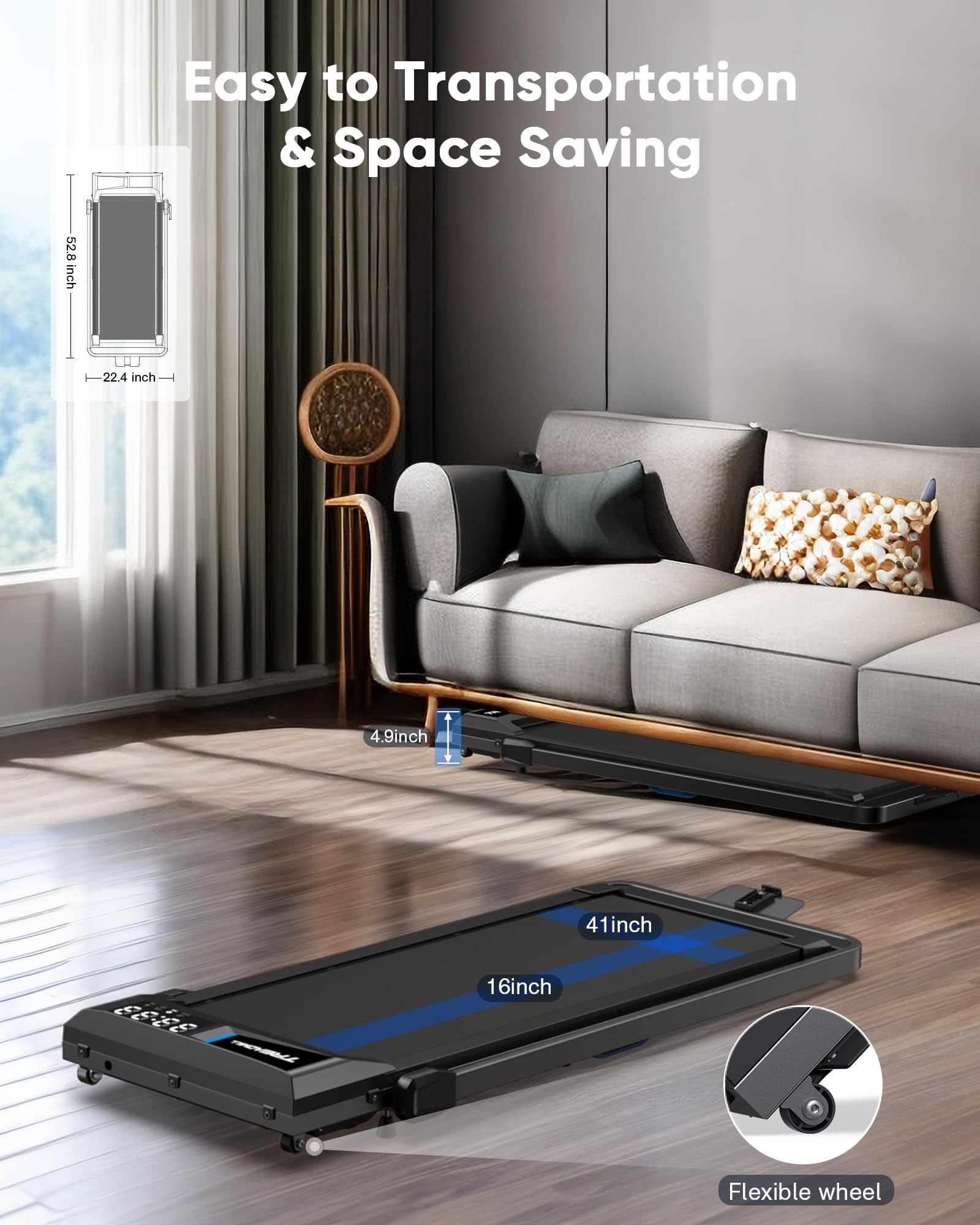 COZYINN 3HP 7.6MPH 350+lb Capacity Treadmills for Home, 10% Adjustable Incline Walking Pad, Portable Foldable Treadmill with 16"*41" Wide Running Area, Mute Control, Works with Smart APP