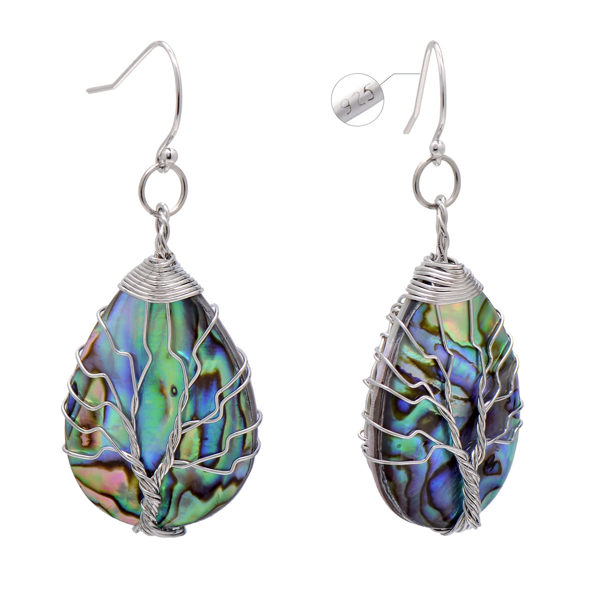 Sterling Silver Earrings Hooks Teardrop Abalone Shell Wrapped Tree of Life Earrings for Women, White Gold Tone