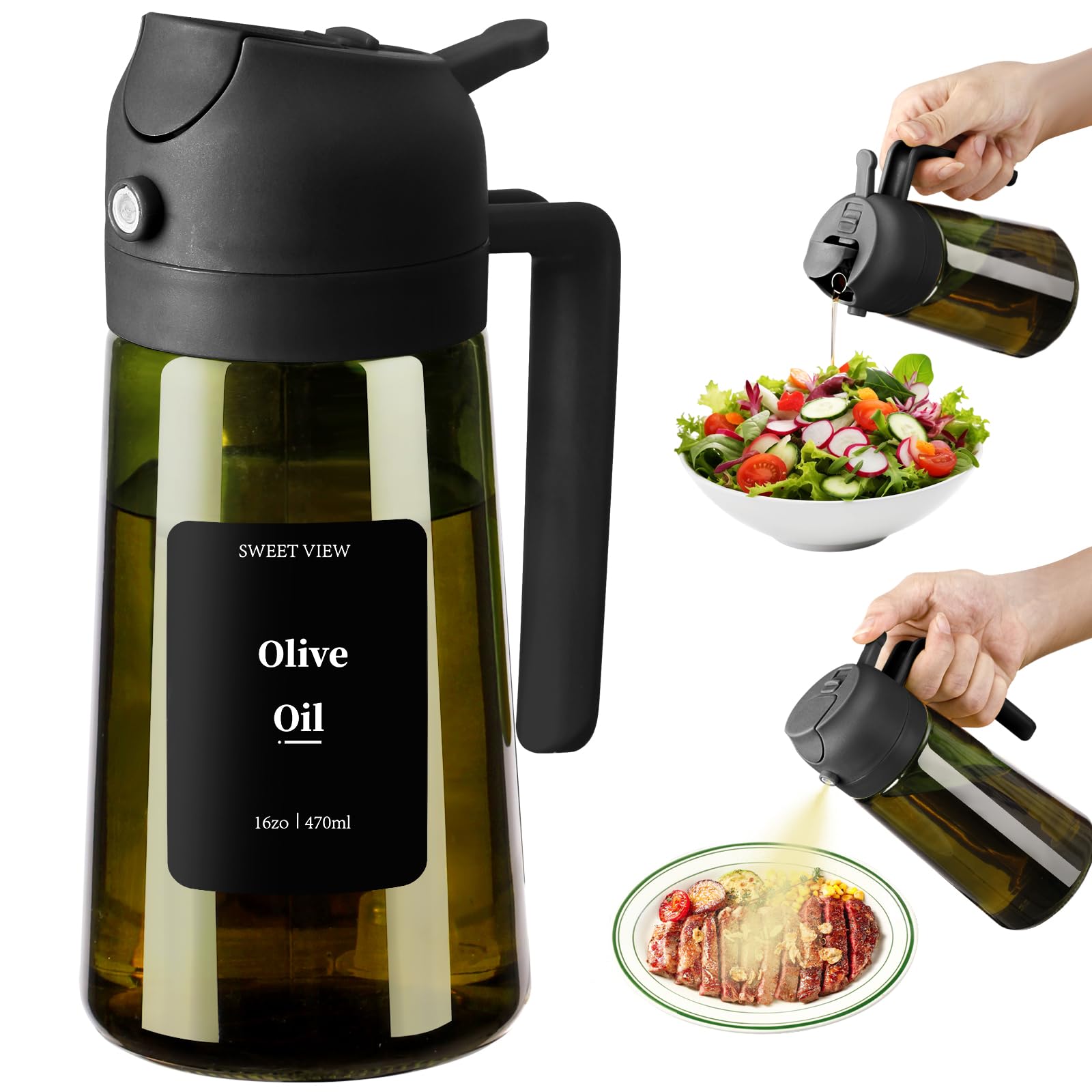 Olive Oil Sprayer for Cooking, 16oz/470ml Glass Light-Proof Oil Pourer for Kitchen, Air Fryer, Cooking, Salad, and BBQ by SWEET VIEW