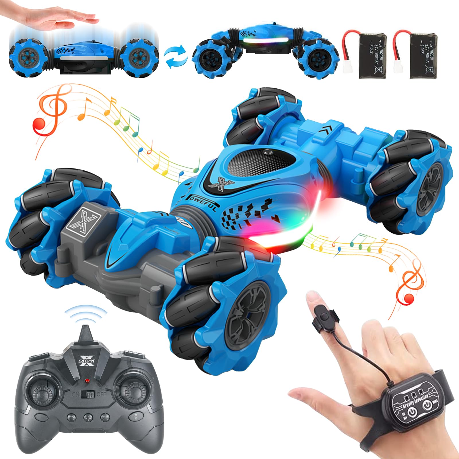 Weocar Gesture RC Car, 4WD High Speed Drift Stunt Car, 2.4Ghz Remote Control Cars Gesture Sensor, 360° Rotating Twist Offroad Cars w/Music Lights, Age 6-12 Boys Girls Birthday Gifts Xams, Blue