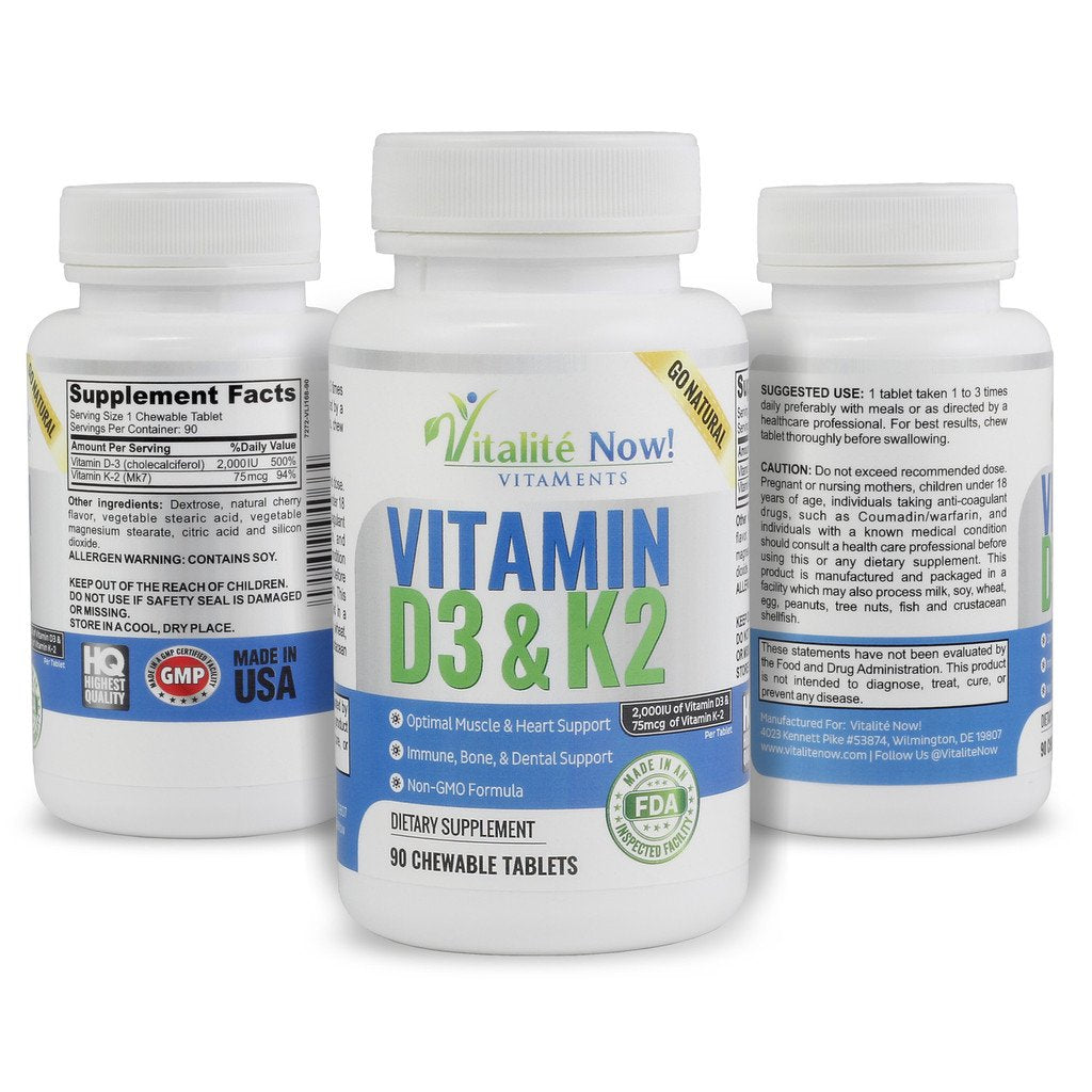 Best Vitamin D3 2000 IU + K2 - Optimized Absorption in Best Form MK7 for Lung Health, Strong Bones & Healthy Heart - All Natural - Cherry Flavor - 90 Chewable Tablets - 3 Month Supply!