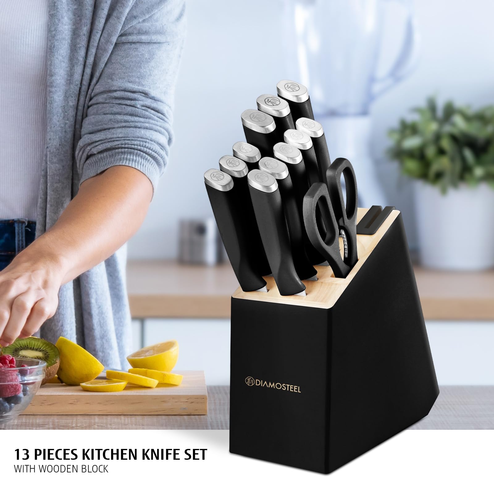 diamosteel 13 Pieces Black Knife Block Set with Built-in Sharpener Scissors for Kitchen Meat & Vegetable Cutting, Present for Family & Restaurant