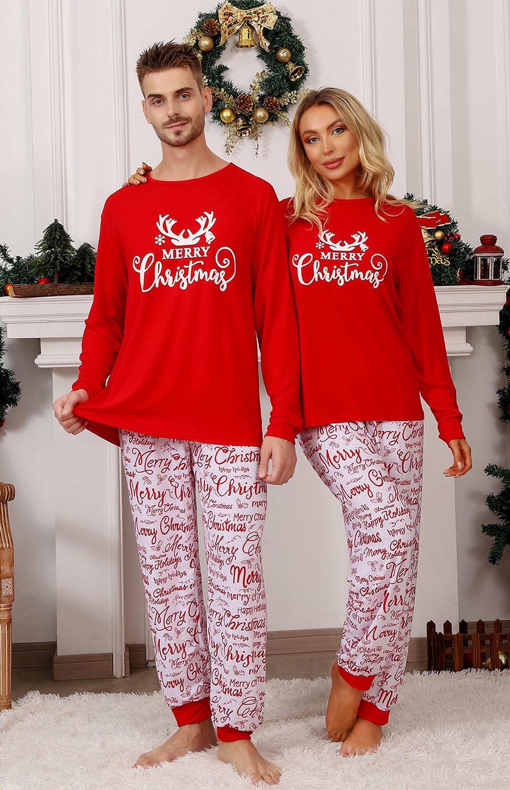 JAXUH Matching Family Christmas Pajamas, Cute Xmas Antler Print Pjs Sets for Couples/Adult, Holiday 2 Piece Sleepwear Nightwear Jammies (4-6 Years, Youth, Red Antlers)