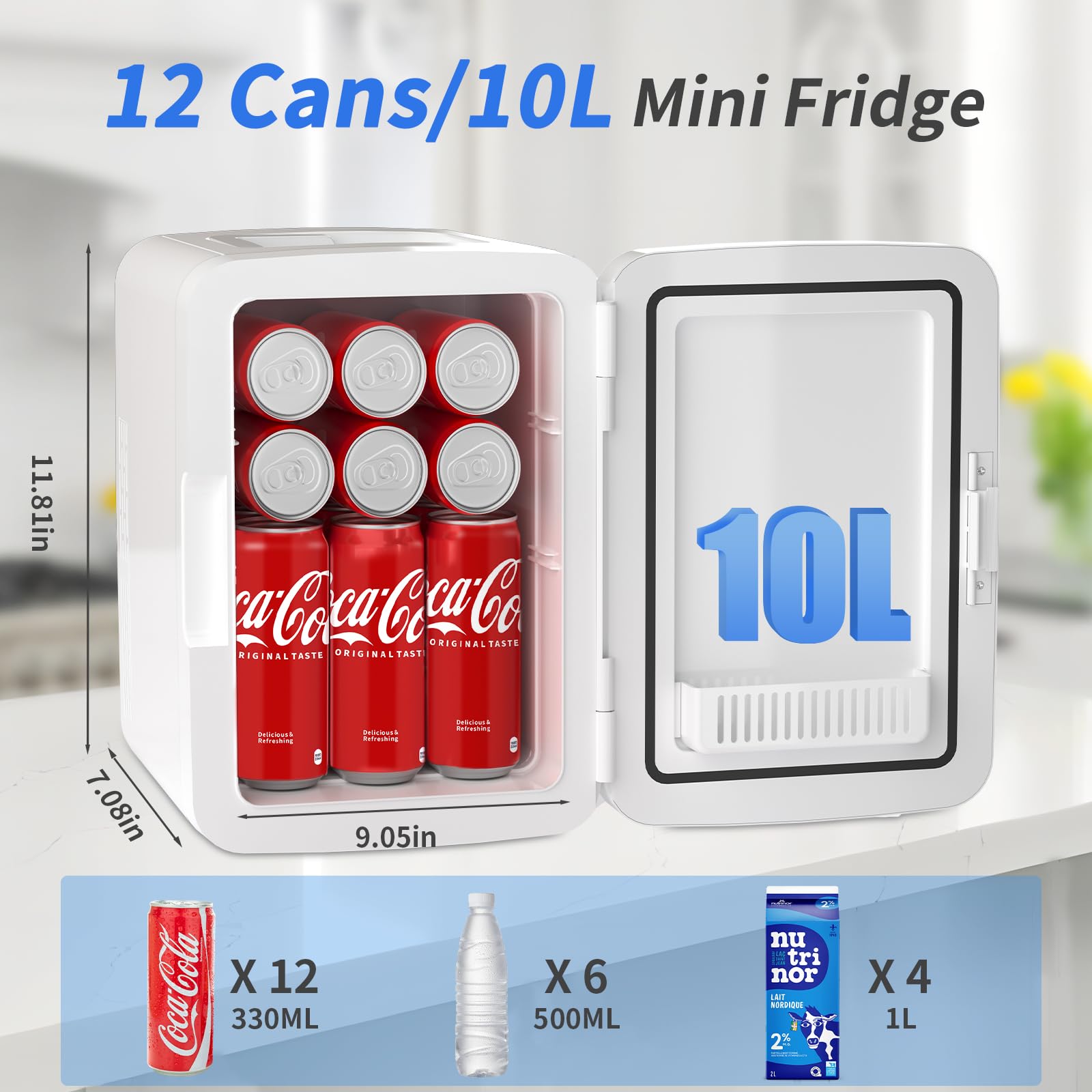 YASHE Mini Fridge, 10 Liter/12 Cans Skincare Fridge for Bedroom, 110V AC/ 12V DC Thermoelectric Cooler and Warmer Small Refrigerators for Drink, Office, Car, White