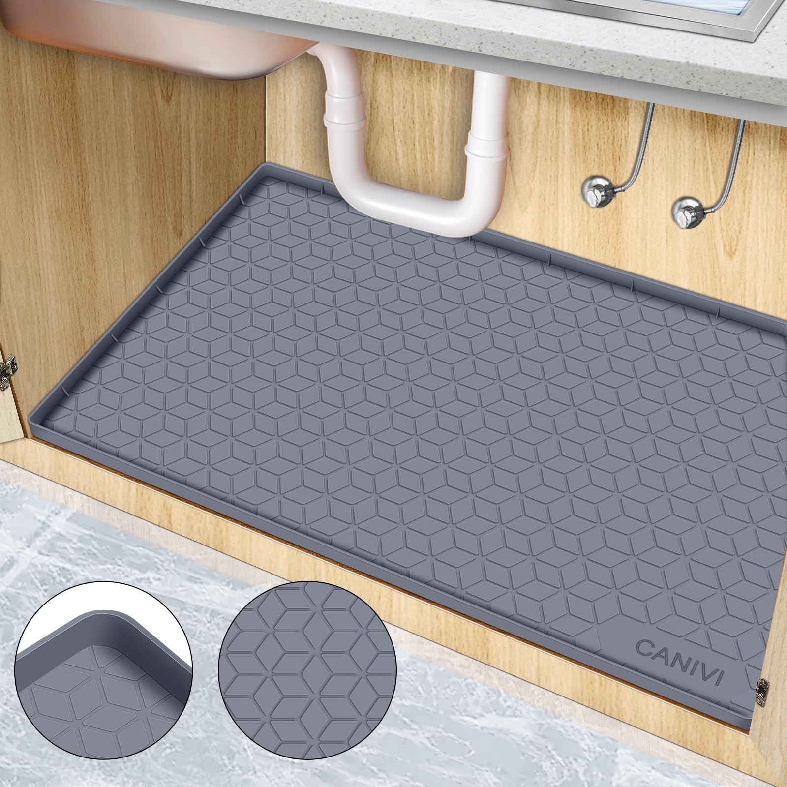 CANIVI Under Sink Mat, 34" x 22" Waterproof Silicone Under Sink Tray for Kitchen & Laundry Cabinets, Kitchen Cabinet Shelf Protector, Up to 3.3 Gallons Liquid, Fits 36 inch Standard Cabinet (Grey)