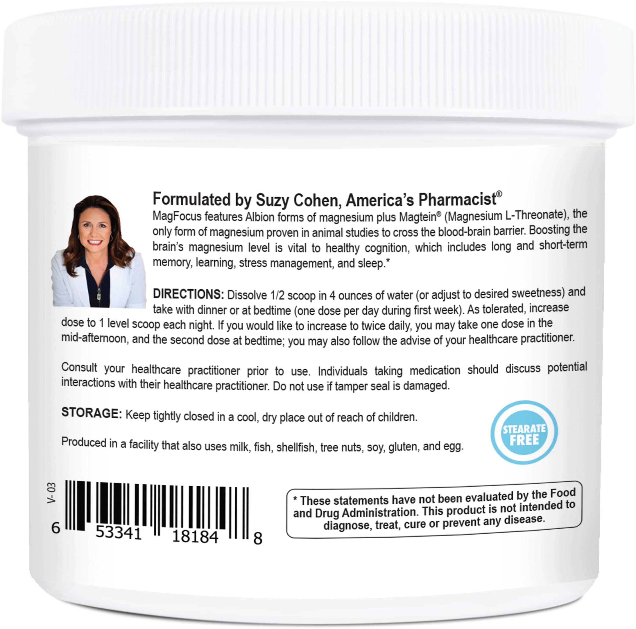 Suzy Cohen MagFocus Magnesium L-Threonate Powder with Magtein (Mixed Berry) Plus Magnesium Glycinate for Wellness, Focus, and Cognition - Gluten-Free, Non-GMO, Vegetarian (60 Servings)