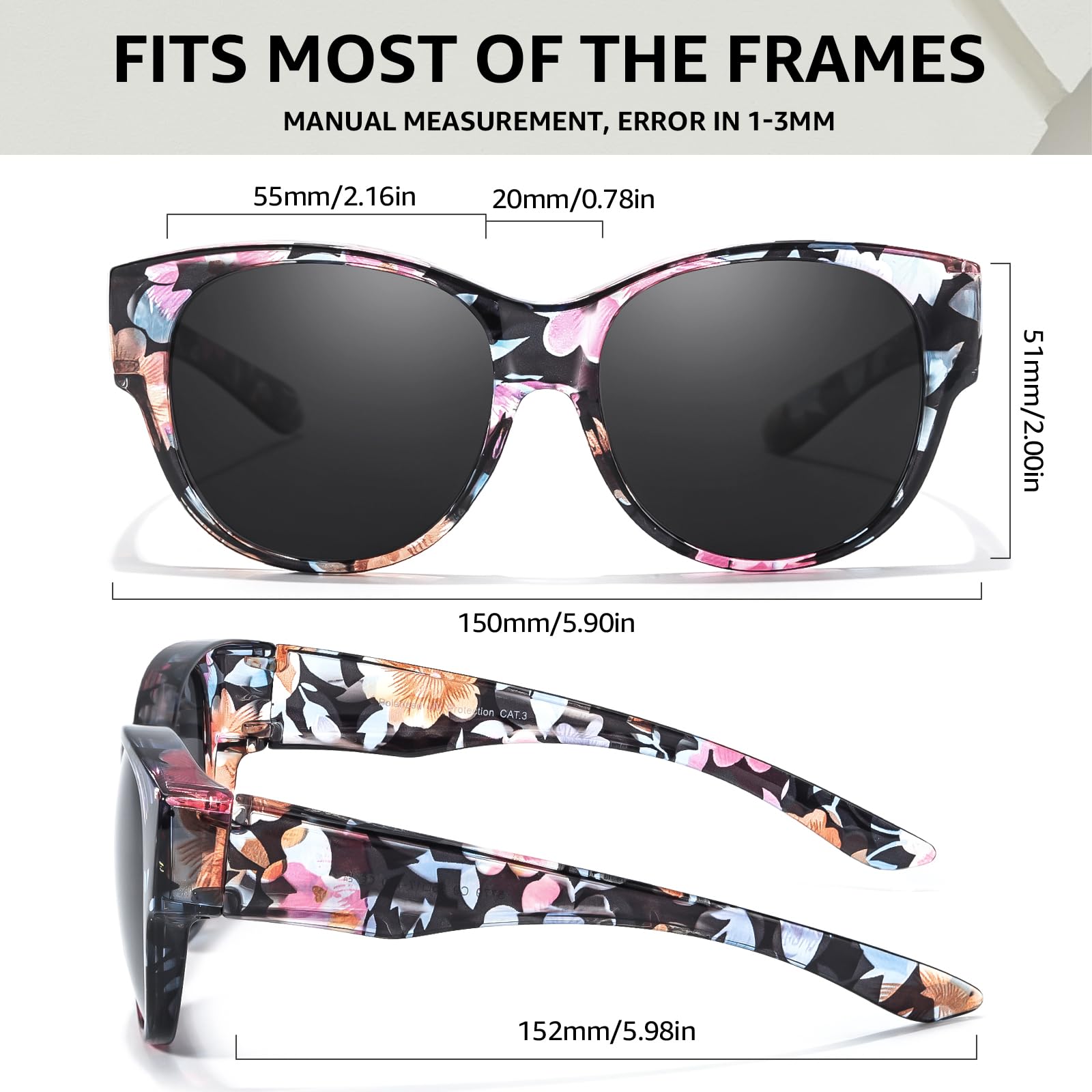 TJUTR Polarized Fit Over Sunglasses for Women, Trendy Sun Glasses Over Prescription Glasses UV400 Protection TS5779 (A1 Floral/Grey)