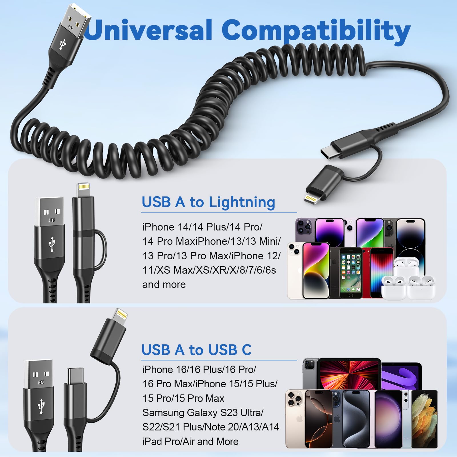 USB to USB-C and Lightning Cable, 2 in 1 Coiled iPhone Charger Cable Apple Carplay & Android Auto, [3A Fast Charge & Data Sync] Lightning and USB C Cable Cord Combo for iPhone 16/15/14/13/iPad/Android