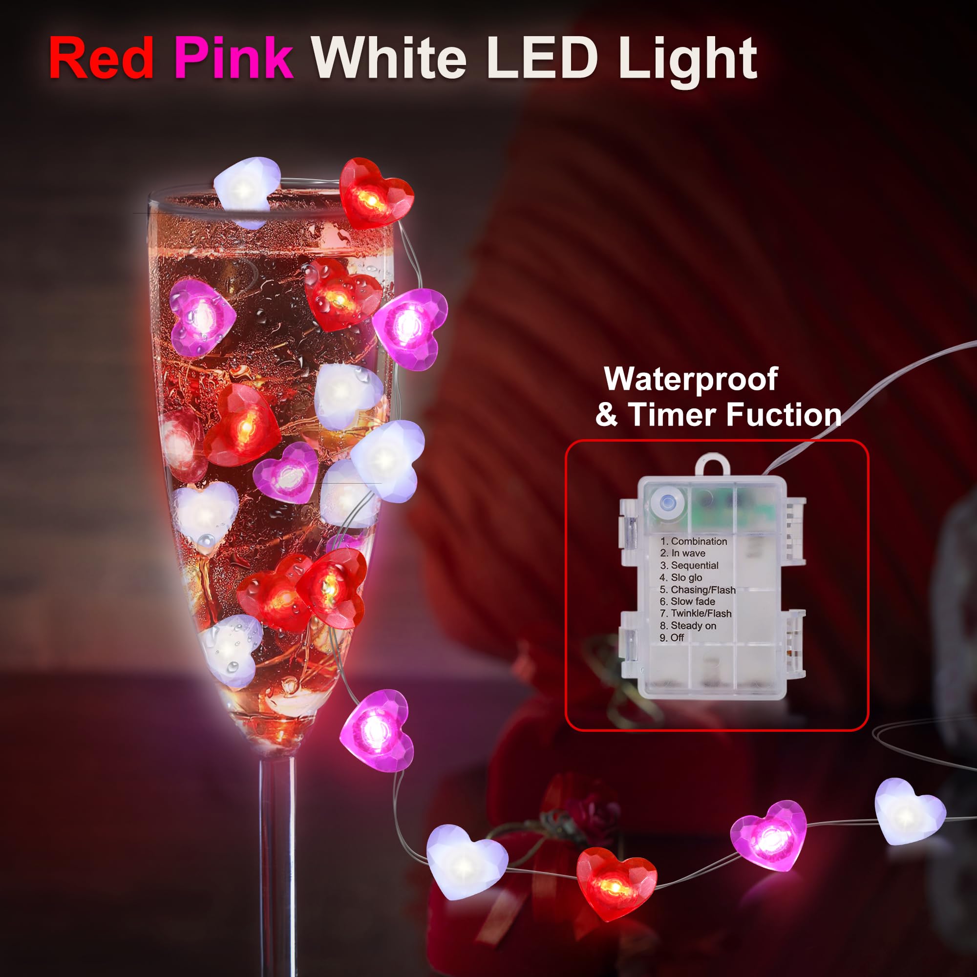 Valentines Day Decor 10FT 30 LED Valentine's Day Lights with Timer, Red Pink White Heart Lights String Battery Operated, 8 Modes Valentines Decorations Heart Fairy Lights Romantic Decor Home Bedroom