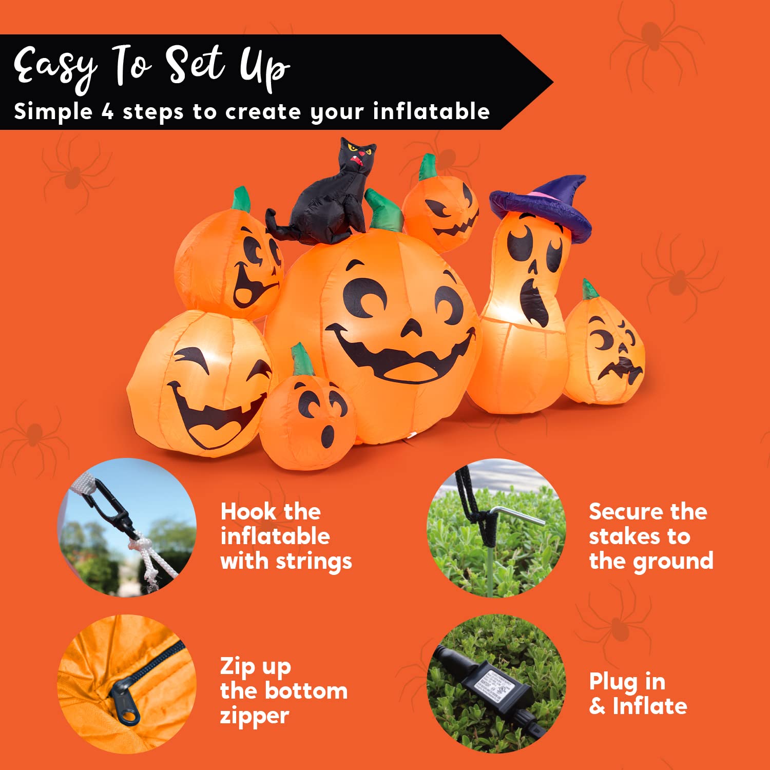 Joiedomi 6 FT Long Halloween Inflatable Outdoor Decorations, Pumpkin Blow Up Halloween Yard Decorations, 7 Pcs Inflatable Pumpkin for Outside with Witch's Cat with Build-in LEDs for Halloween Decor