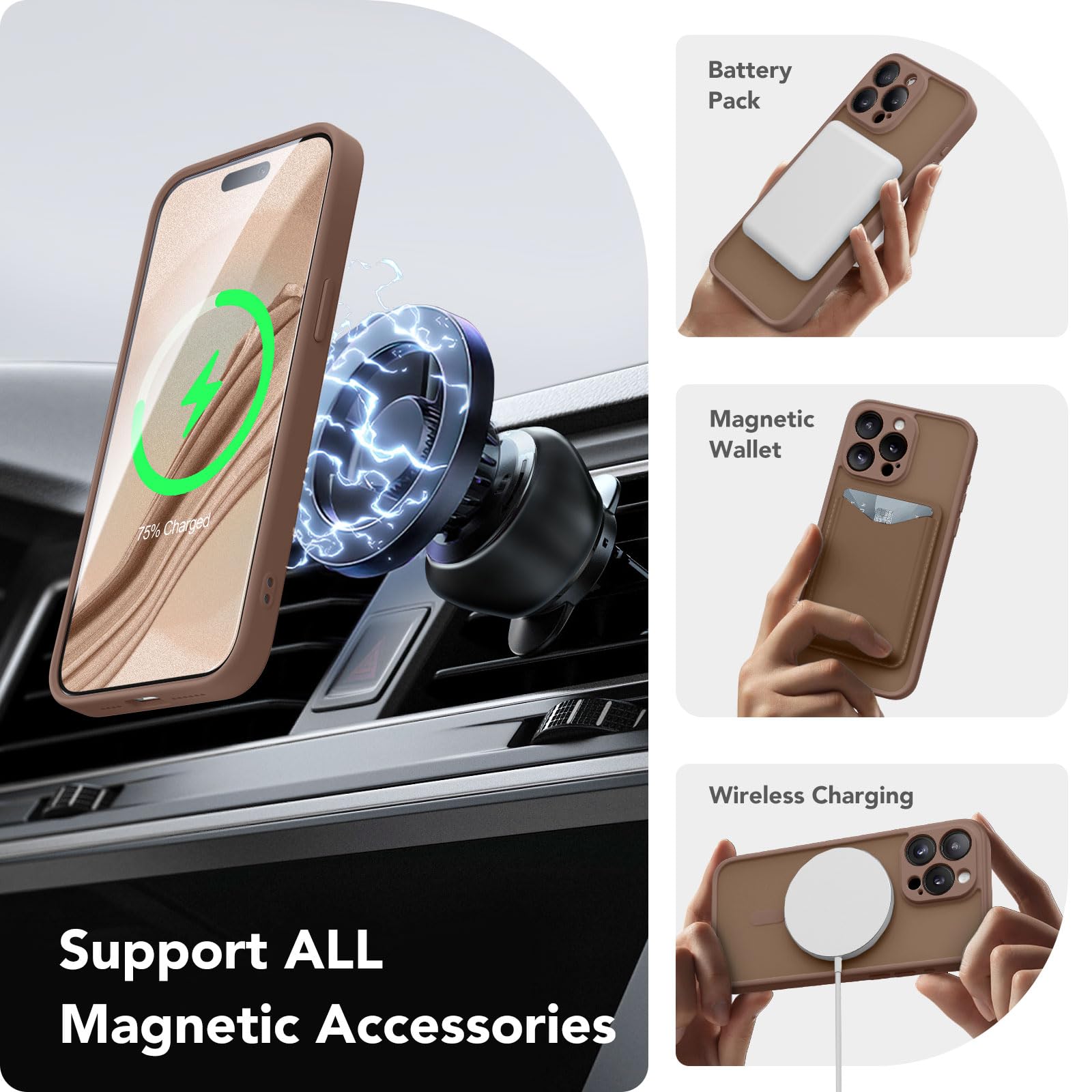 CAPRARO Magnetic for iPhone 15 Pro Max Case, [Compatible with MagSafe] [Full Camera Protection] [14FT Drop Protection] Shockproof Protective Slim Translucent Phone Case, Brown