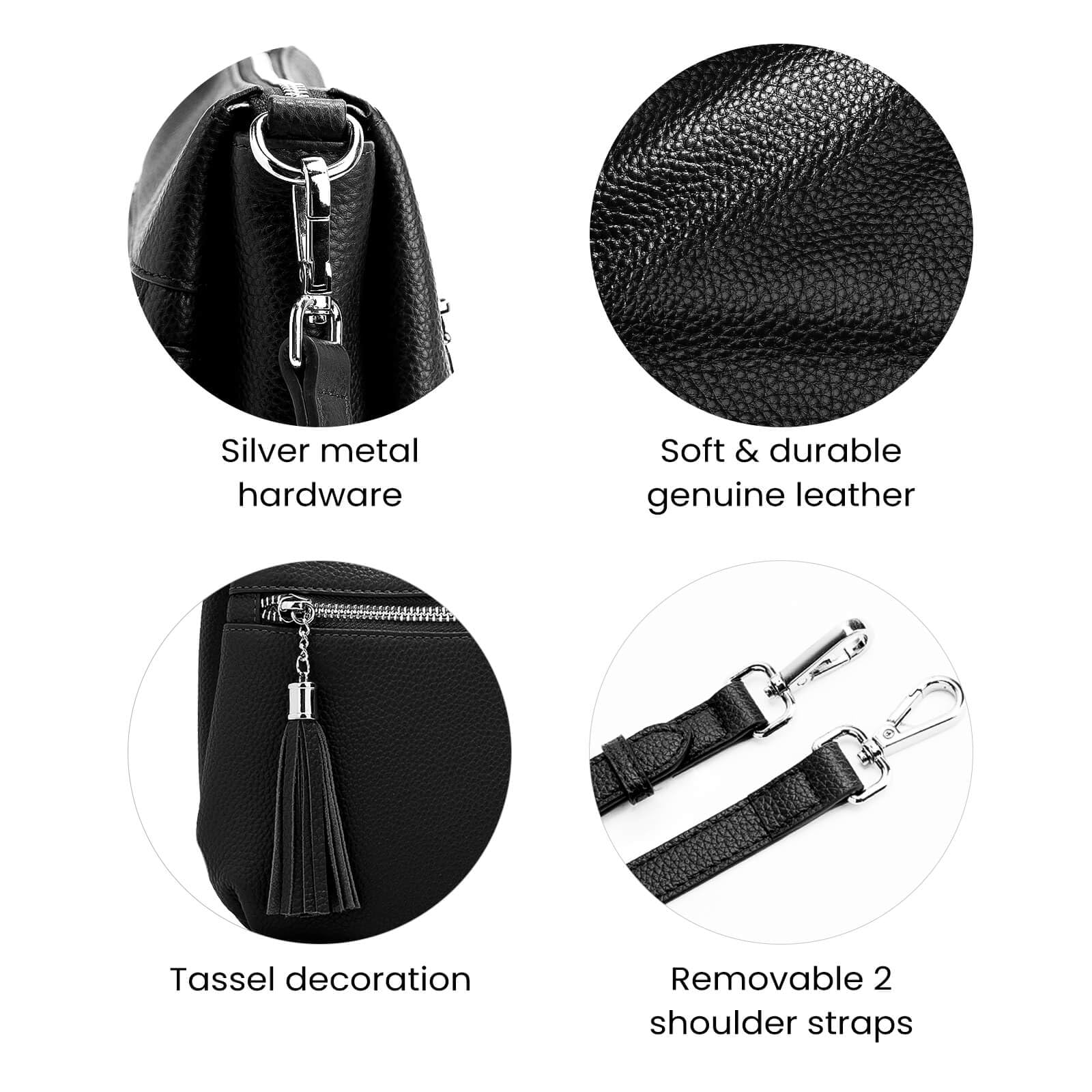 befen Black Genuine Leather Small Crossbody Hobo Purses for Women, Ladies Shoulder Bags Handbags with 2 Shoulder Straps