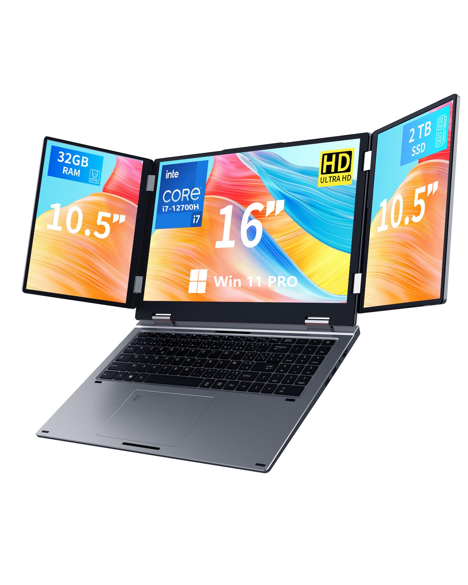 KOOFORWAY Triple Screen Laptop, 16" Main + Dual 10.5" Monitors, Core i7-12700H, 32GB RAM, 2TB SSD, Win 11 Pro, Wi-Fi 5, BT 5.0, Face & Fingerprint Unlock, USB-C, HDMI