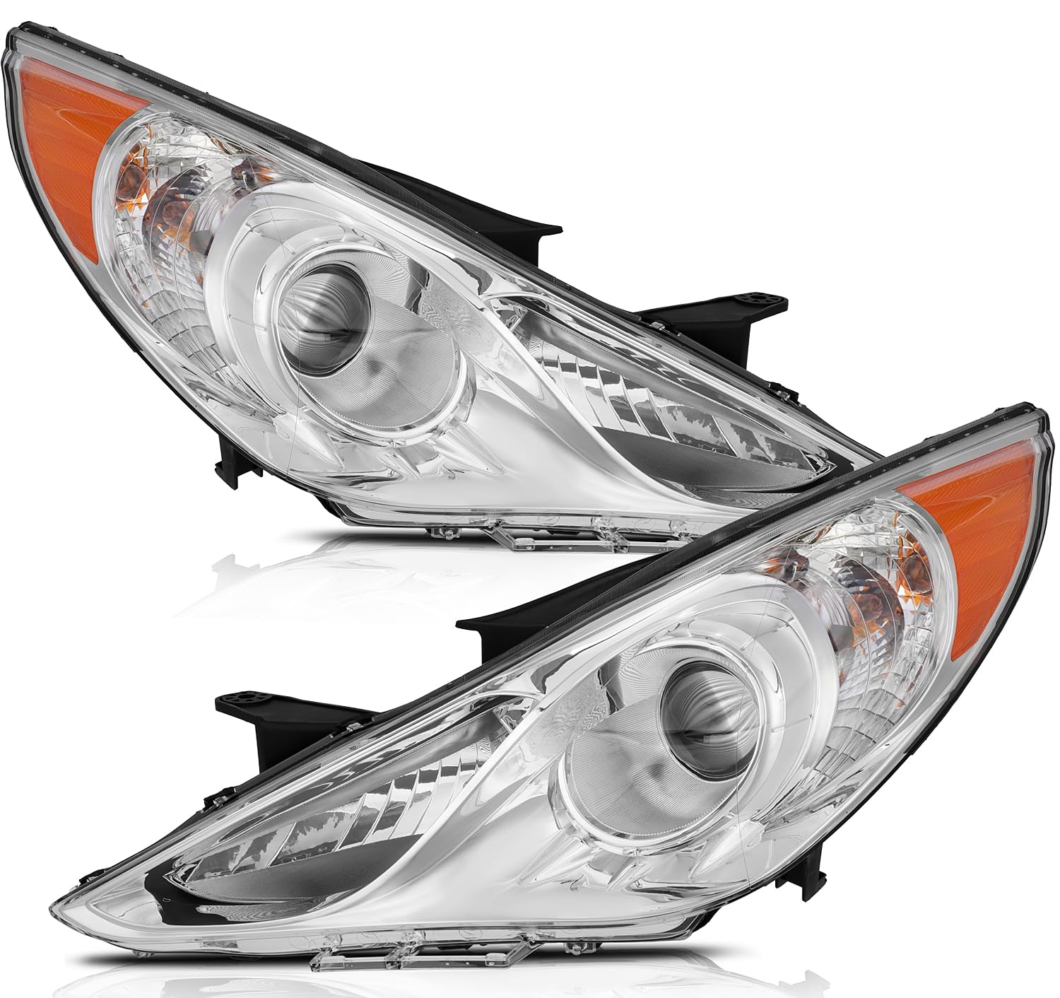 LBRST Headlight Assembly with Project for Hyundai Sonata 2011-2014 Chrome Housing Amber Reflector Clear Lens Driver and Passenger Side Headlamp