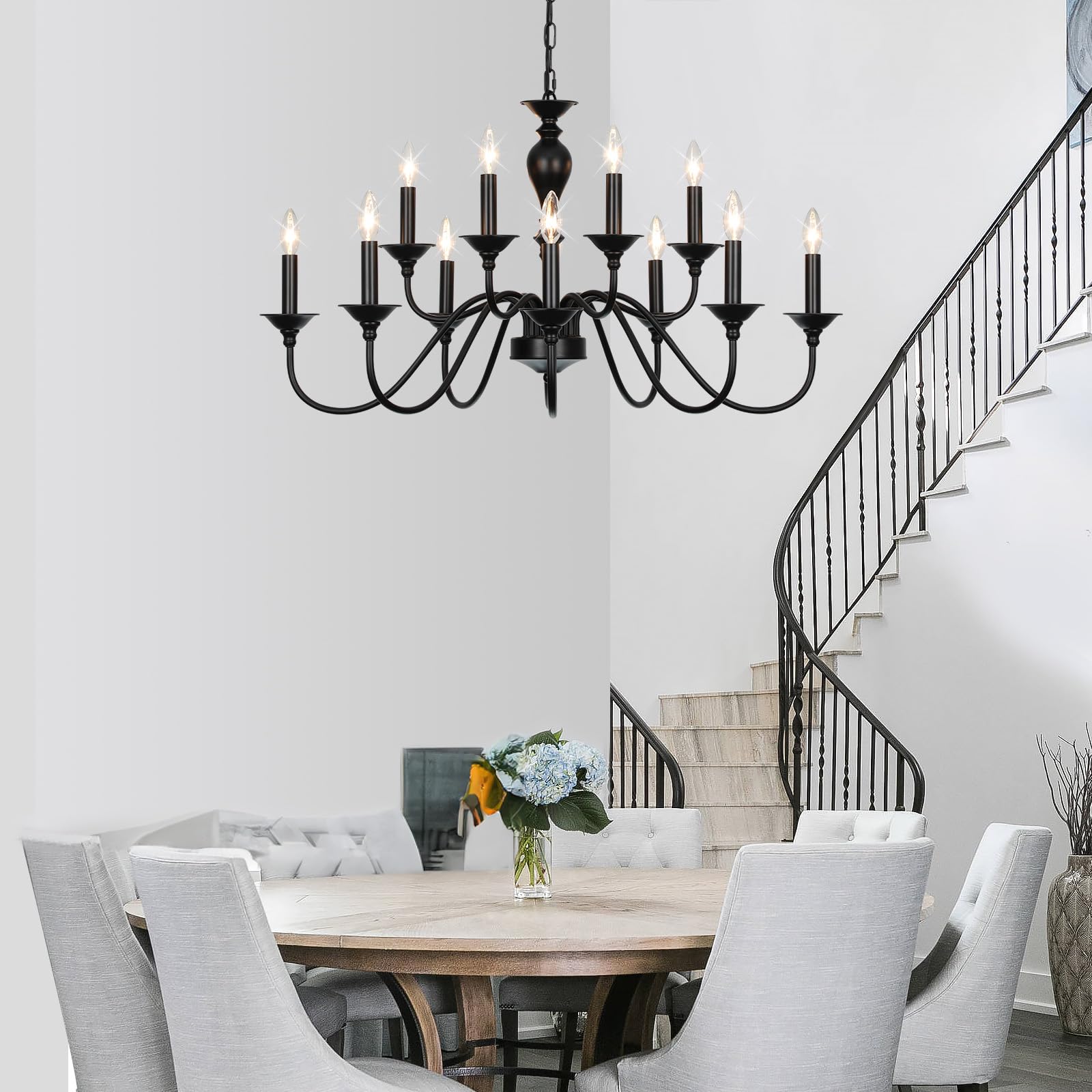 LIGHTDAMY Black Farmhouse Chandeliers for Dining Room Light Fixtures Over Table, 12 Light Industrial Candle Hanging Light Fixture for Living Room Kitchen Island Foyer Staircase