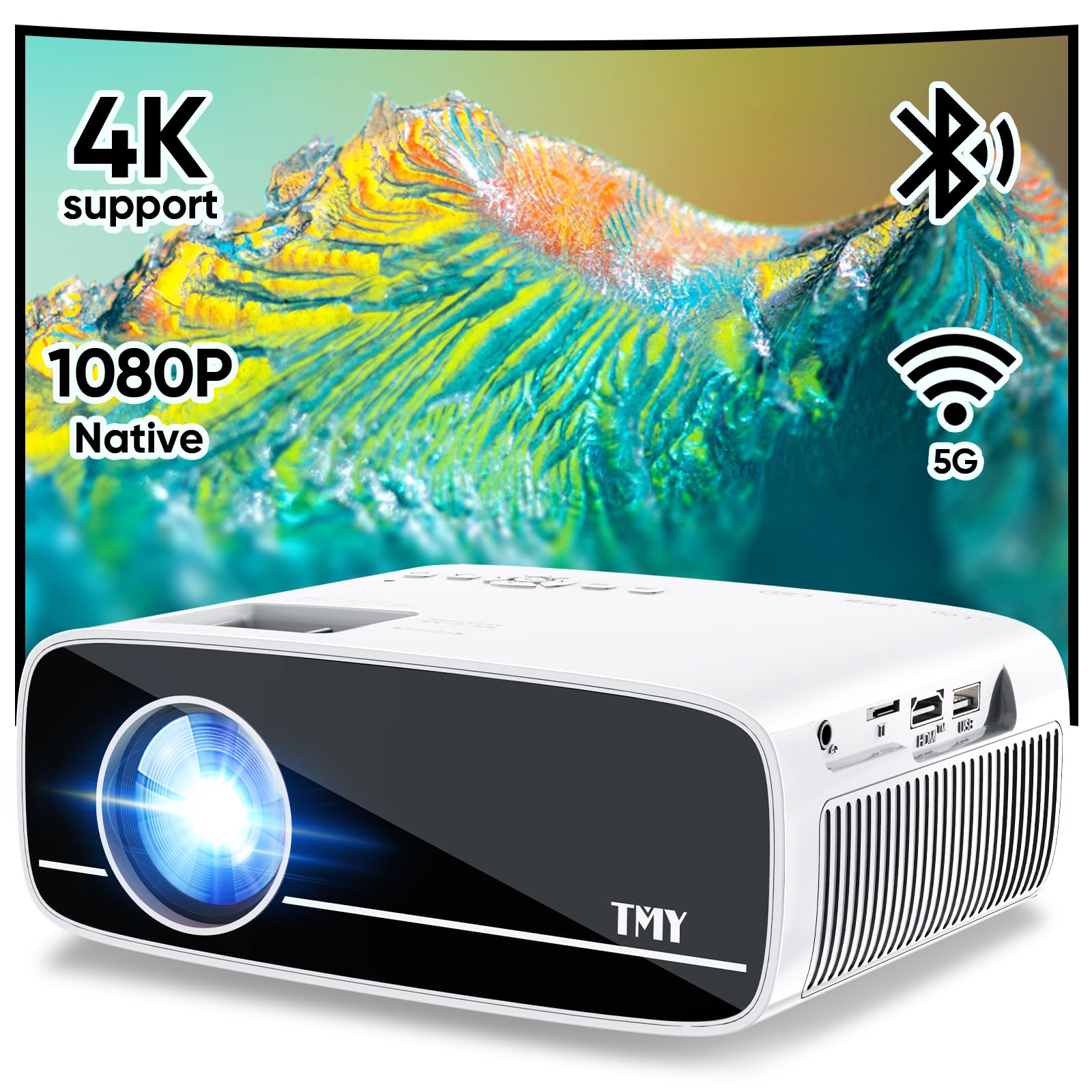 TMY Native 1080P Projector with 5G WiFi and Bluetooth 5.1, 4K Supported Mini Projector, Portable Projector Compatible with TV Stick/Phone/PC/DVD/HDMI/USB/TF, Outdoor Movie Projector