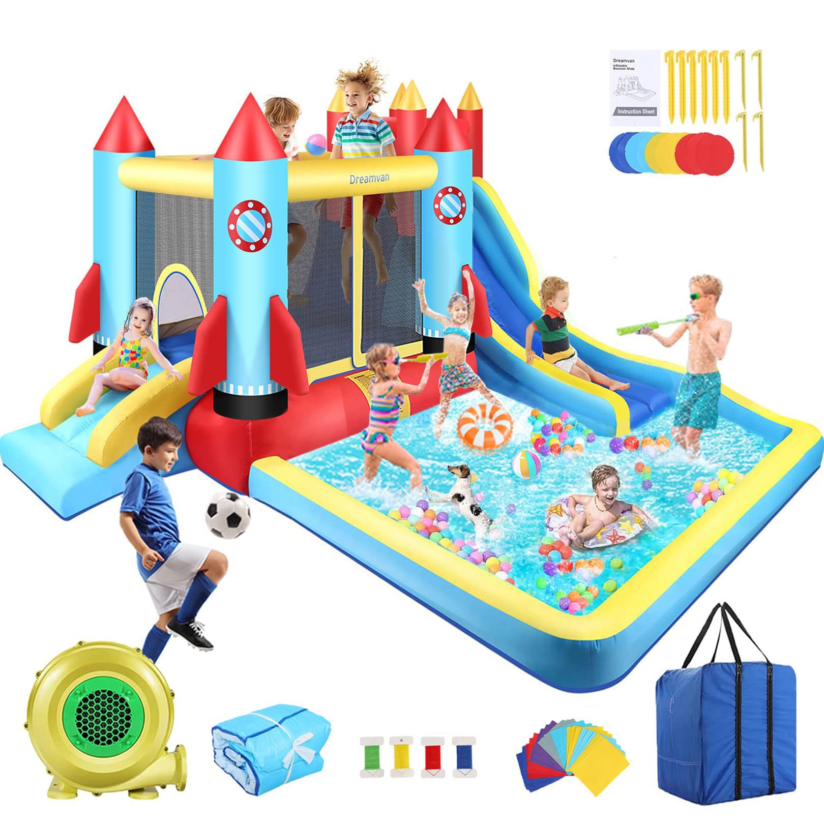 AKEYDIY Bounce House Water Slide, Rocket Castle Bouncy House- 13X12ft Inflatable Bounce House for Kids 3-12 with Slide Park,Pool,Climbing Wall,Bouncer Area- Kids Water Bounce House Indoor/Backyard