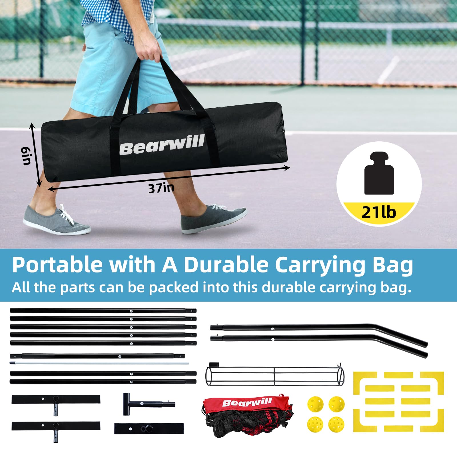 Bearwill Pickleball Net, 22 FT Regulation Size Portable Pickleball Net, Pickle Ball Net with Exclusive Ball Holder, Court Marker, 4 Pickleballs & Carry Bag, Pickle Ball Net for Outdoor Indoor Driveway