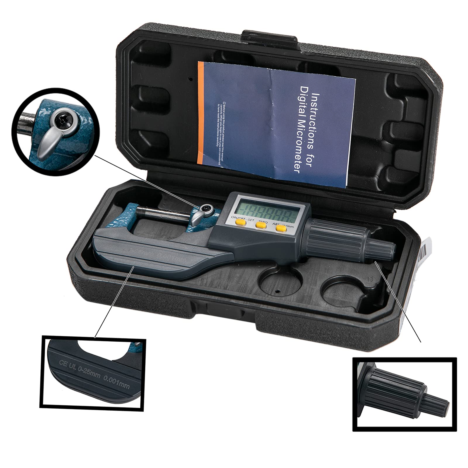 Beslands Digital Electronic Display Micrometer 0-1" / 0-25mm Gauge 0.00004" / 0.001mm Thickness Measuring Tools for Mechanics Inch/Metric Calipers, Machinist Micrometer, Protective Case with Battery
