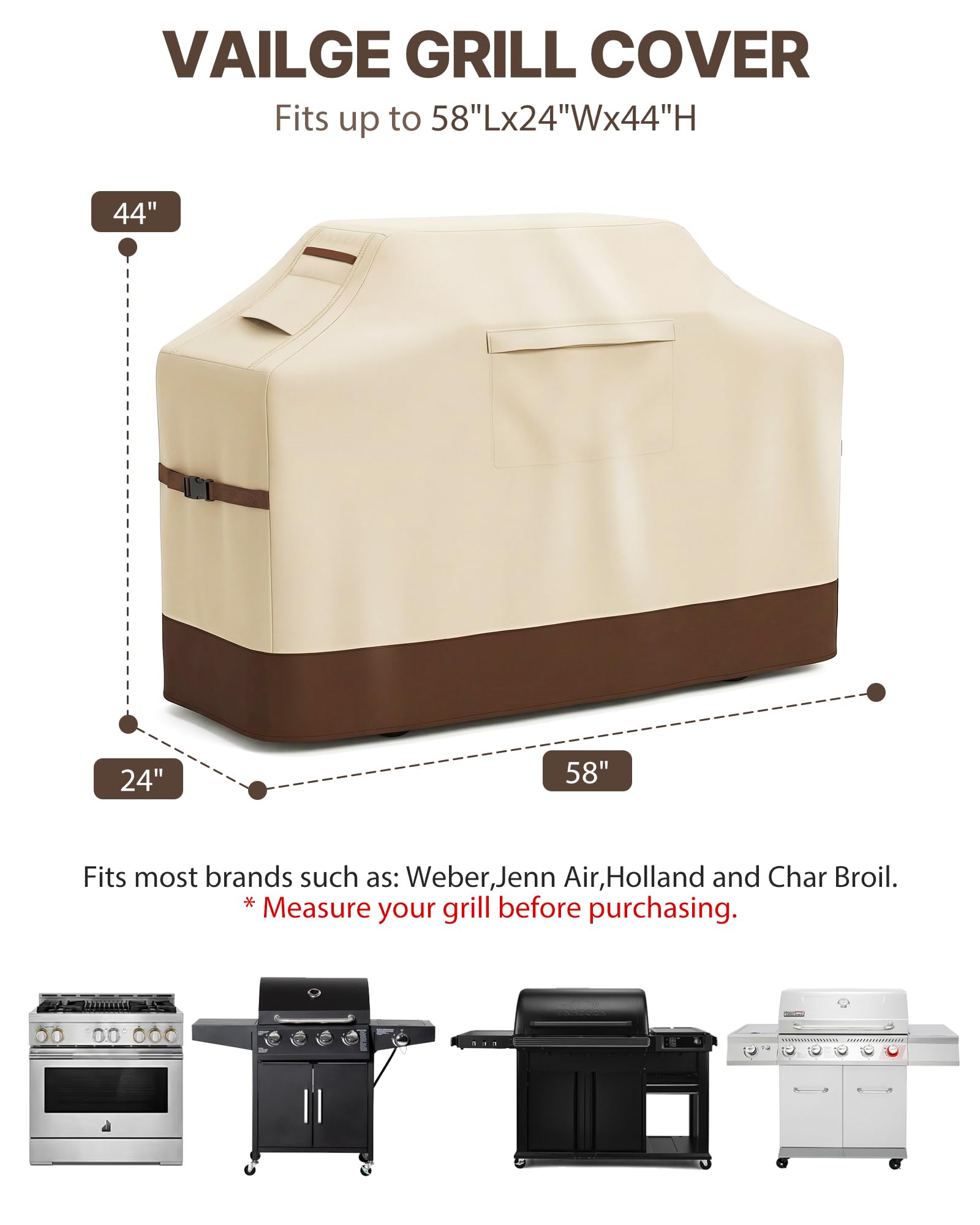 Vailge Grill Cover for Outdoor Grill, 58-inch Waterproof BBQ Cover,600D Heavy Duty Gas Grill Cover, UV & Dust & Rip & Fading Resistant,Suitable for Weber, Brinkmann, Char Broil Grills and More,Beige