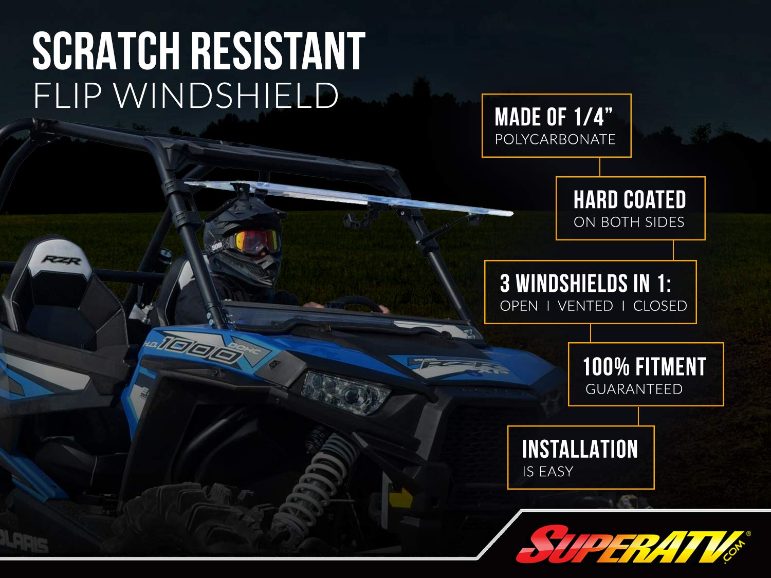 SuperATV Scratch Resistant Flip Windshield for CFMOTO ZForce 500, 800 Trail & EX, 1000 2014-2022, 1/4" Hard Coated Polycarbonate, Comes Preassembled, Can be Closed, Vented, or Fully Open, USA Made