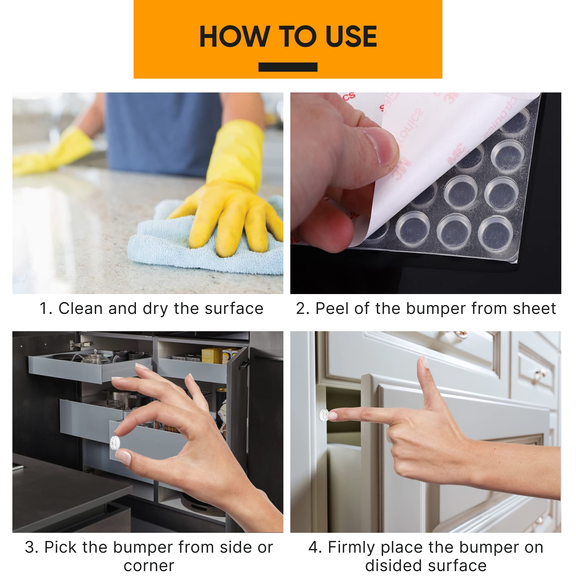 Vellax Cabinet Door Bumpers - Self Adhesive Pads, Cabinet Stoppers, Rubber Bumpers for Drawers, Cupboards, Cutting Boards, Glass Tops, Picture Frames, Kitchen Furniture