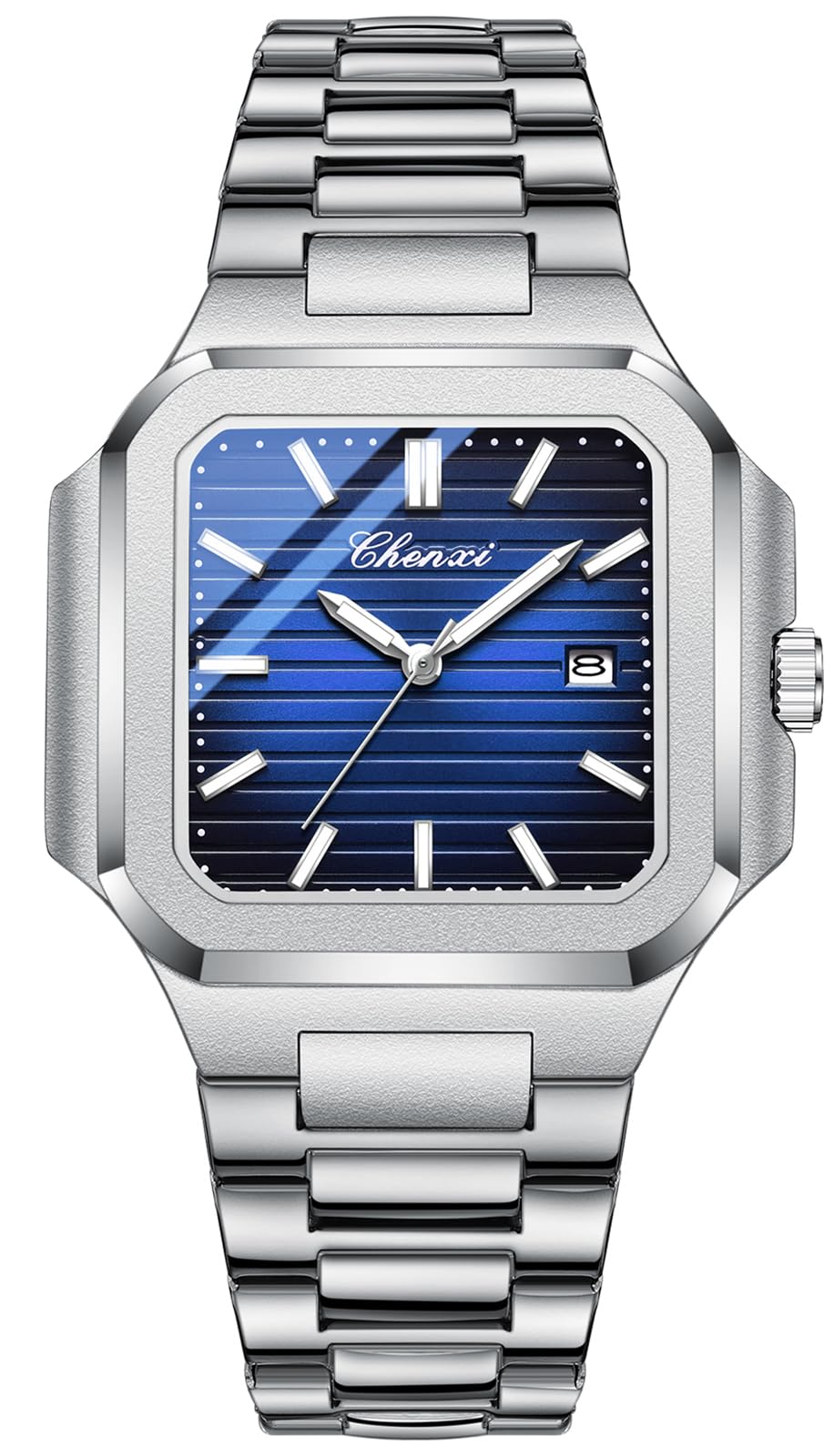 BESTKANG Men's Classic Square Watch - Silver Stainless Steel Analog Quartz Dress Watch with Luminous Hands, Date Calendar, 30M Water Resistant for Business Casual (Blue)