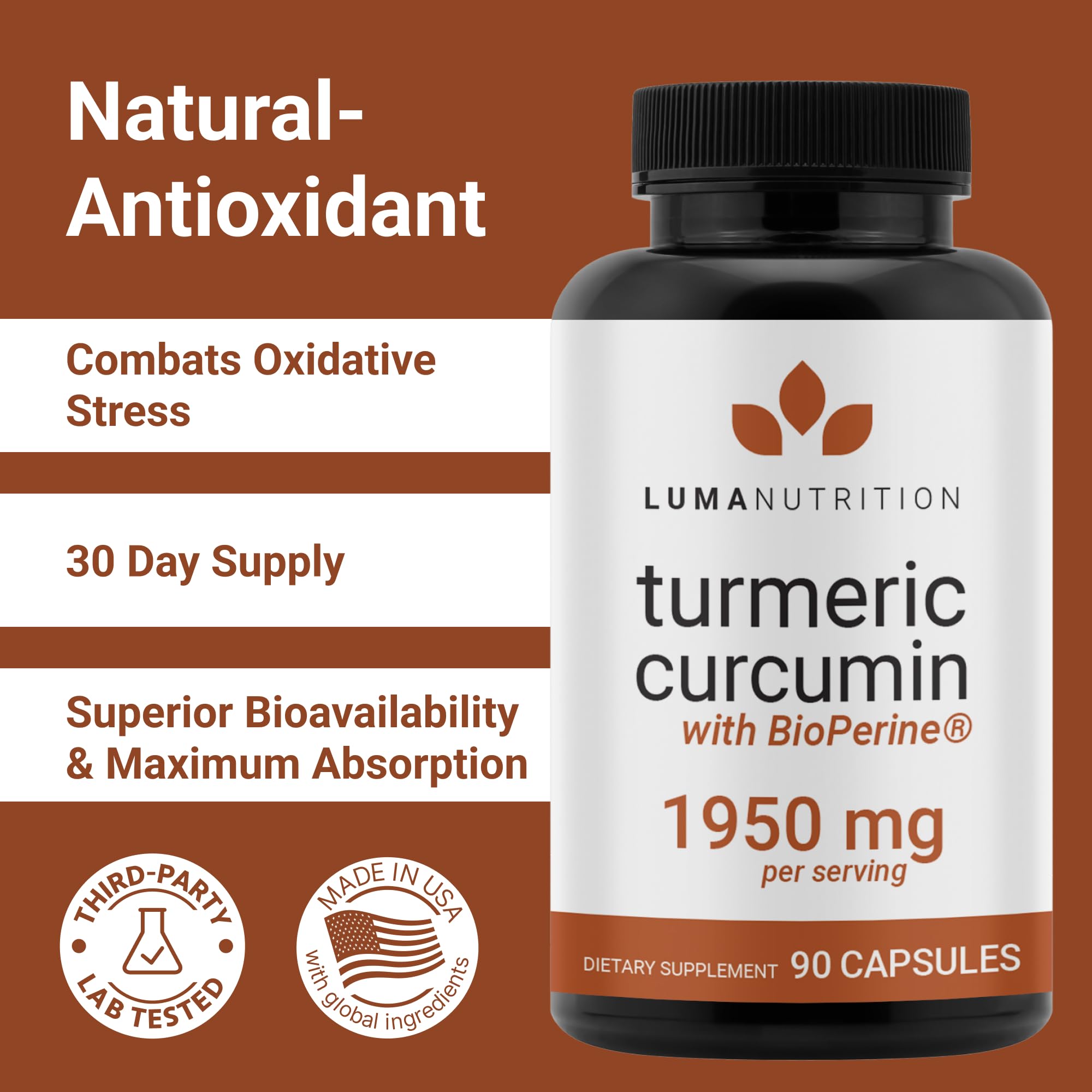 Turmeric Curcumin with Black Pepper - 95% Curcuminoids - 1950mg Per Serving - Premium Turmeric Supplement - with BioPerine for Max Absorption - Made in USA - 90 Capsules