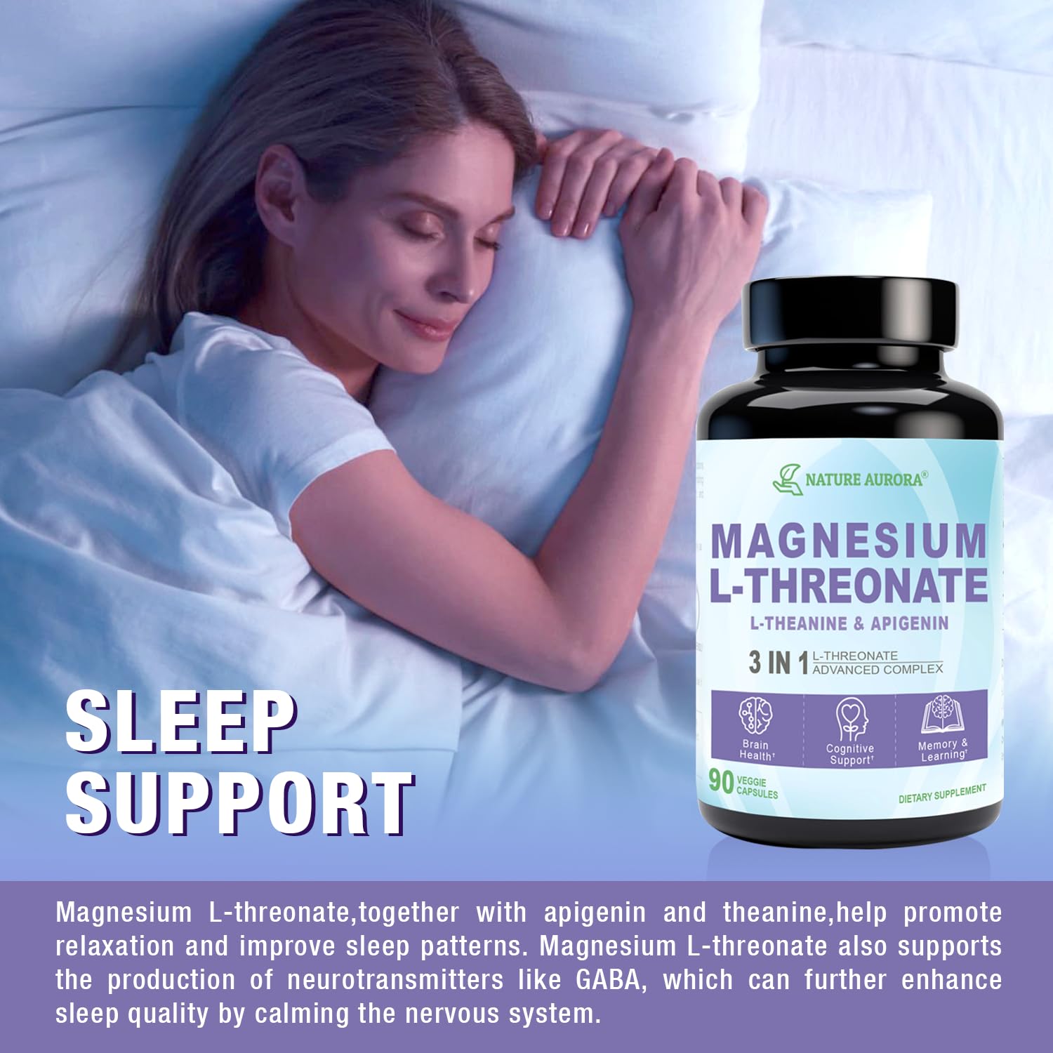 Magnesium L-Threonate Complex Supplement with Apigenin and L-theanine, High Absorption Magnesium Threonate for Sleep Aid, Brain Health and Cognitive Function, Gluten Free, Non-GMO, 90 Capsules