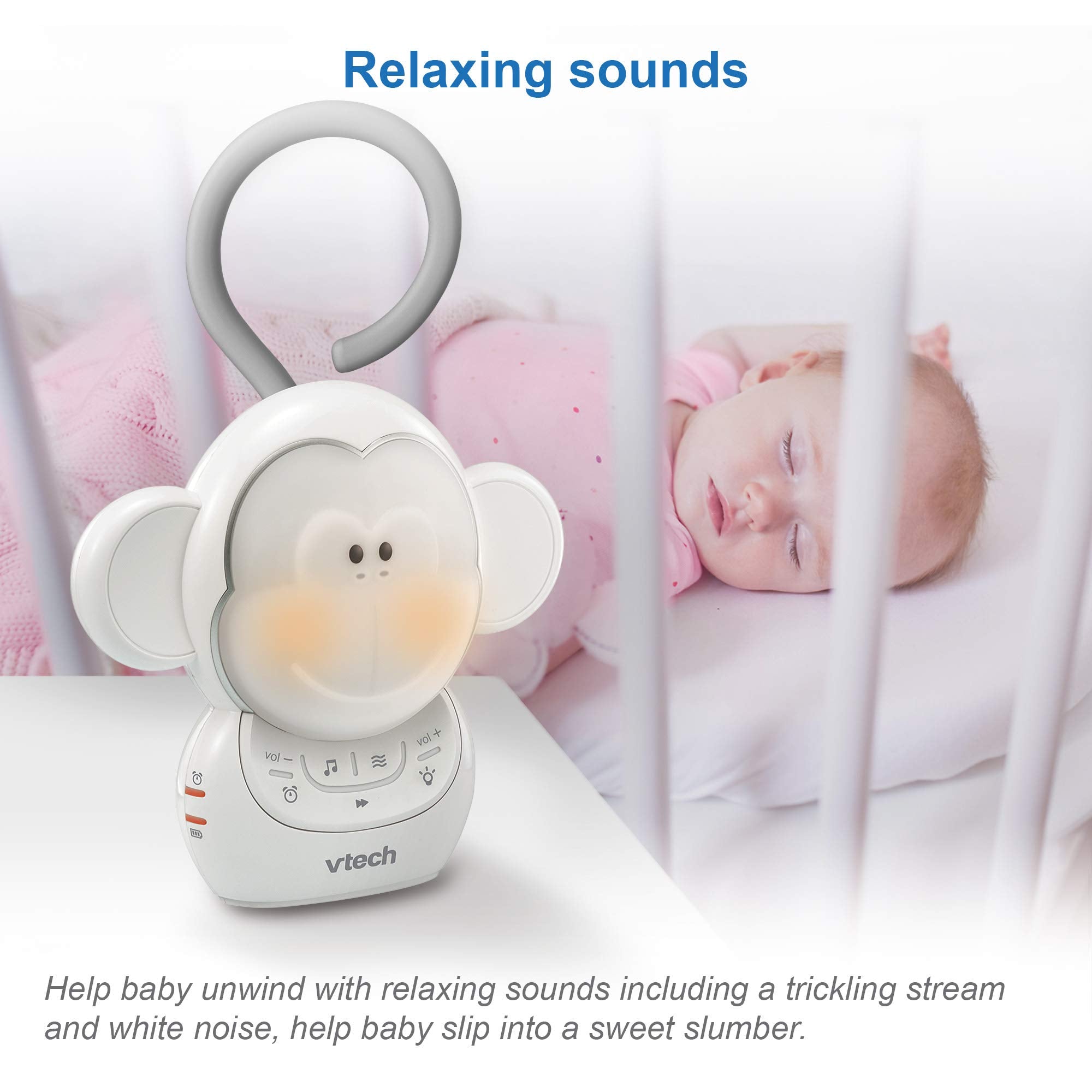 VTech Communications BC8211 Myla The Monkey Baby Sleep Soother with a White Noise Sound Machine Featuring 5 Soft Ambient Sounds, 5 Calming Melodies & Soft-Glow Night Light, 1 Count (Pack of 1)