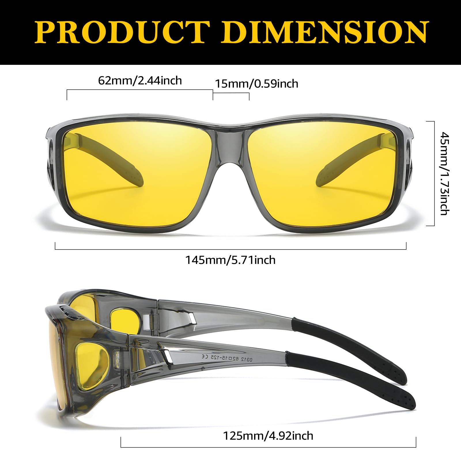 TJUTR Night Vision Driving Glasses Fit Over Eyeglasses for Men Women, Anti Glare Polarized Yellow Lens for Nighttime TN2512