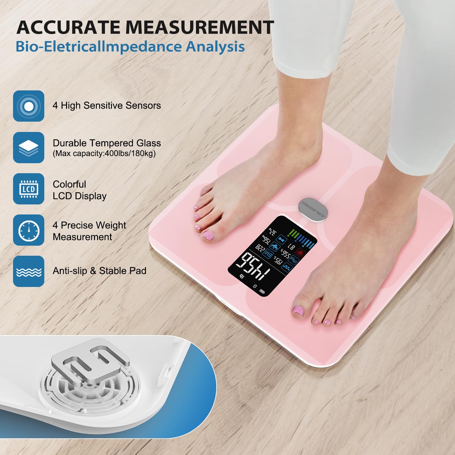 ABLEGRID Body Fat Scale,Digital Smart Bathroom Scale for Body Weight,Large LCD Display Screen,16 Body Composition Metrics BMI,Water Weigh,Heart Rate,Baby Mode,400lb,Rechargeable-Rosegold