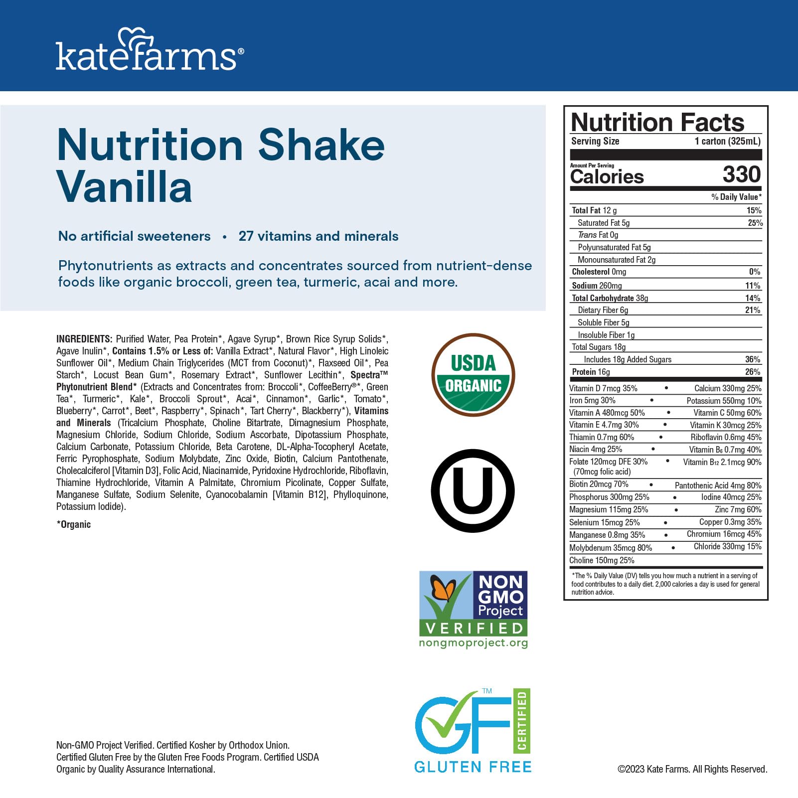 KATE FARMS Organic Nutrition Shake, Vanilla, 16g Protein, 27 Vitamins and Minerals, Protein Meal Replacement Drink, Protein Shake, 11 oz (12 Pack)