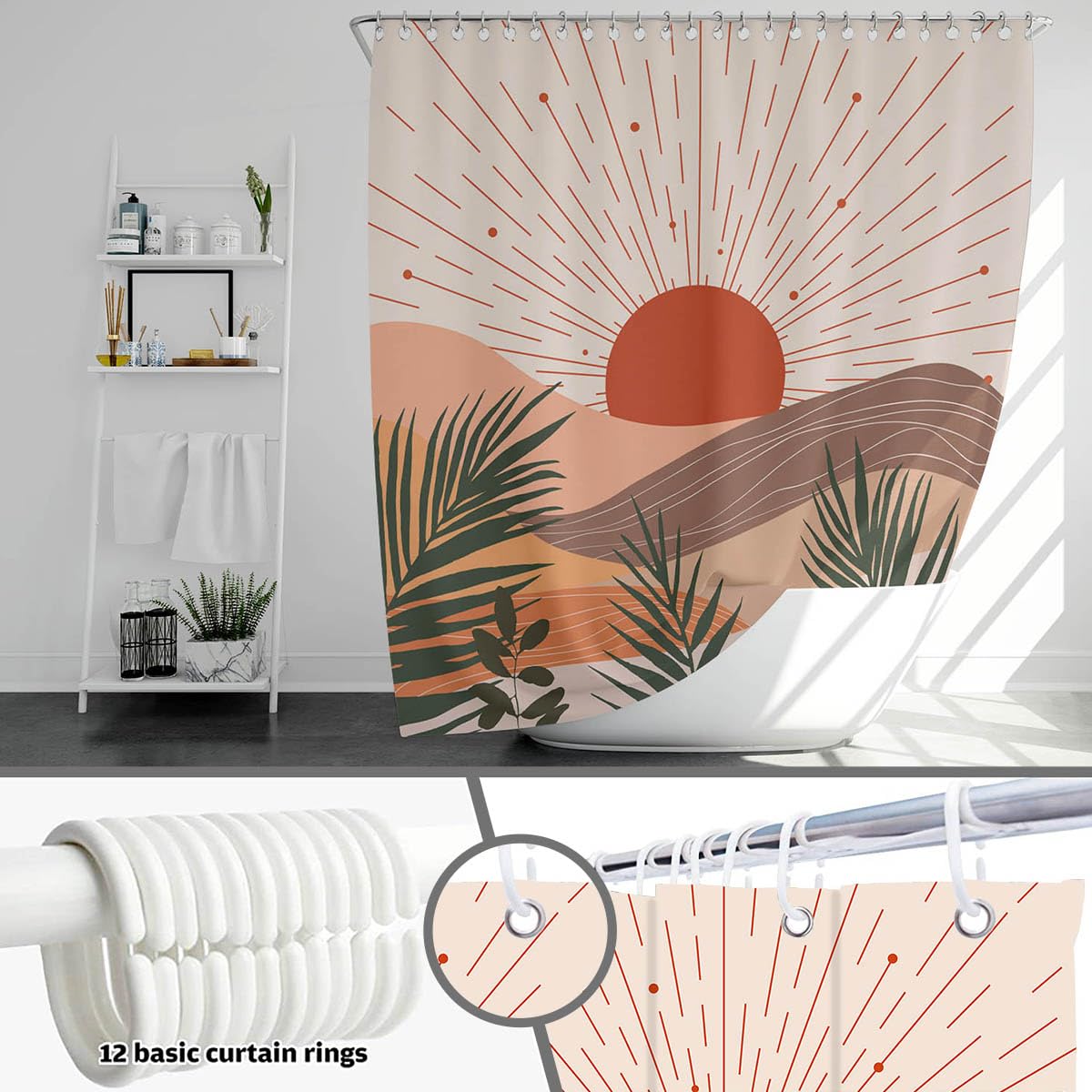 Mocsicka Boho Sun Mountain Shower Curtain Mid Century Abstract Minimalist Shower Curtain Set 72x72 Inches Vintage Aesthetic Art Waterproof Polyester Fabric Shower Curtain Set with 12 Hooks