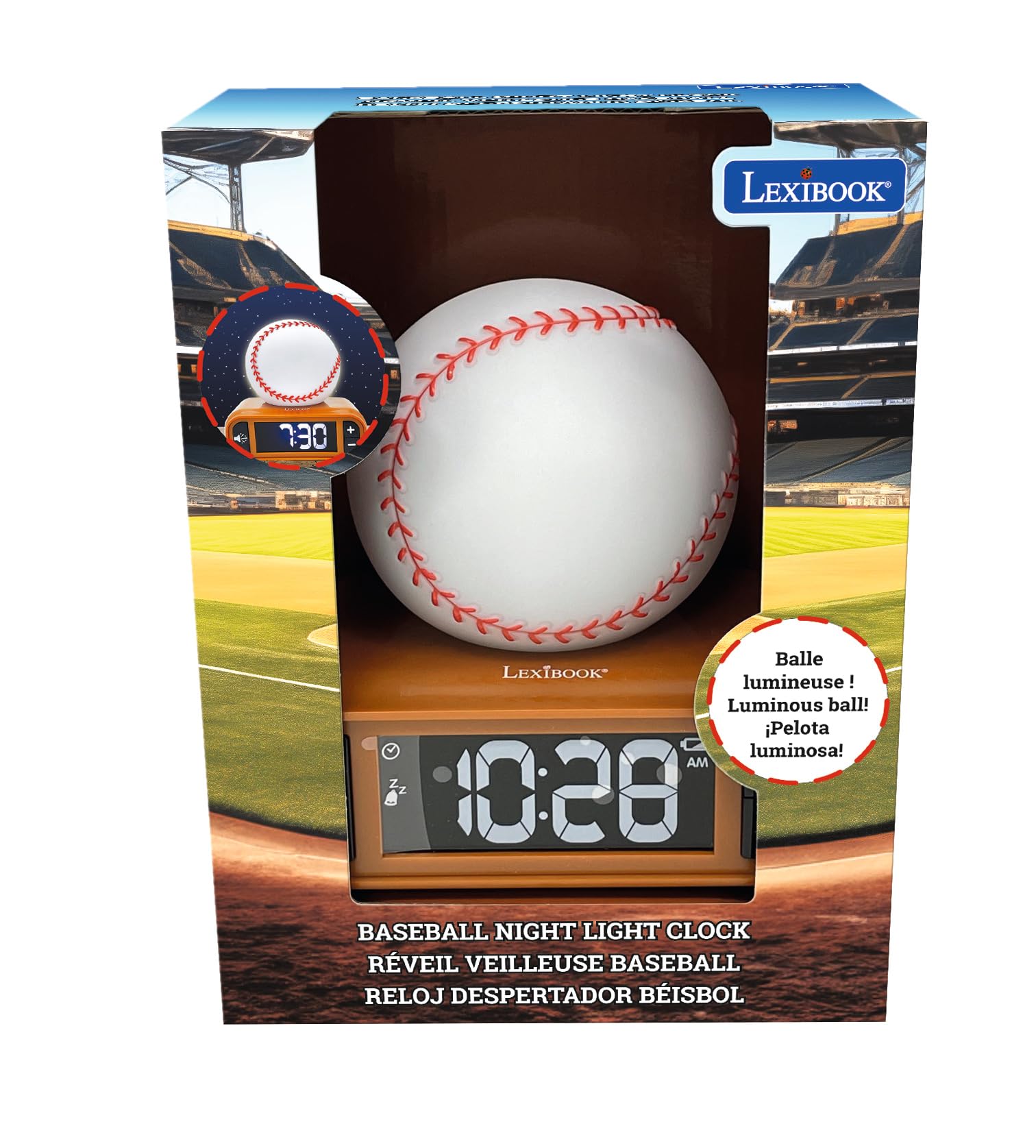 Lexibook, Baseball - Baseball Nightlight Alarm Clock, Sounds and Melodies, LCD Backlit Screen, Luminous, Snooze, Brown/White, RL800BL