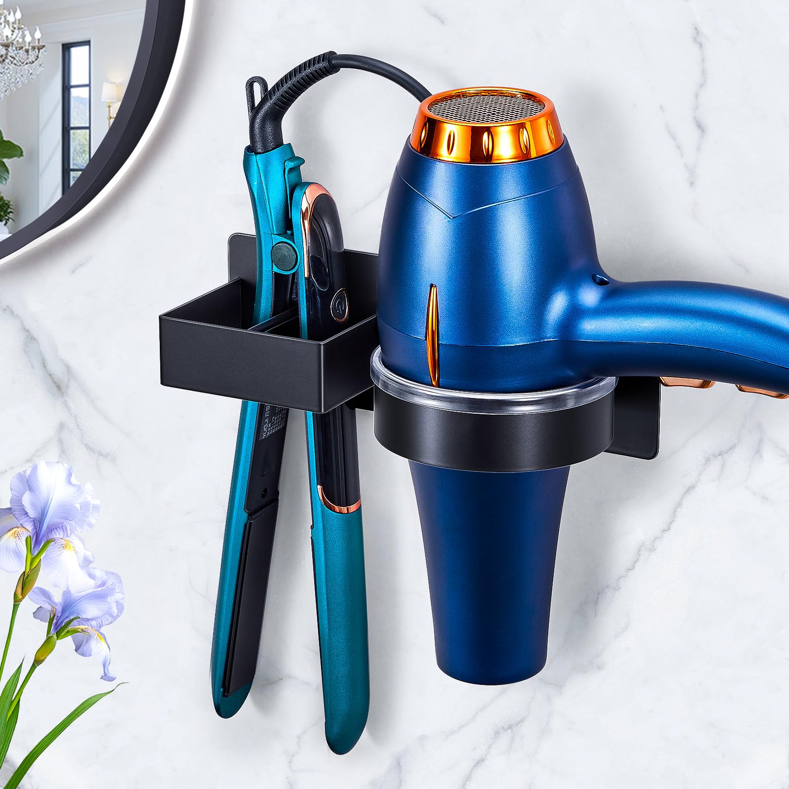 YAYINLI Hair Straightener Holder Wall, Blow Dryer Holder Wall Mounted Hairdryer Holder for Bathroom, Hair Tools Organizer & Storage Curling Iron Holder, Salon Hair Dryer Holder (Black)