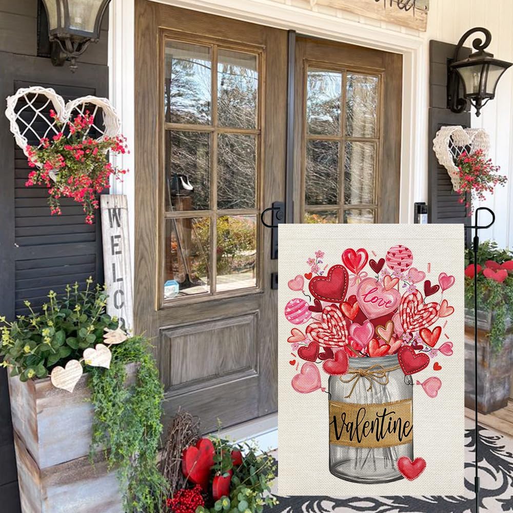 CROWNED BEAUTY Valentines Day Mason Jar Garden Flag 12x18 Inch Double Sided for Outside Small Burlap Heart Holiday Yard Flag