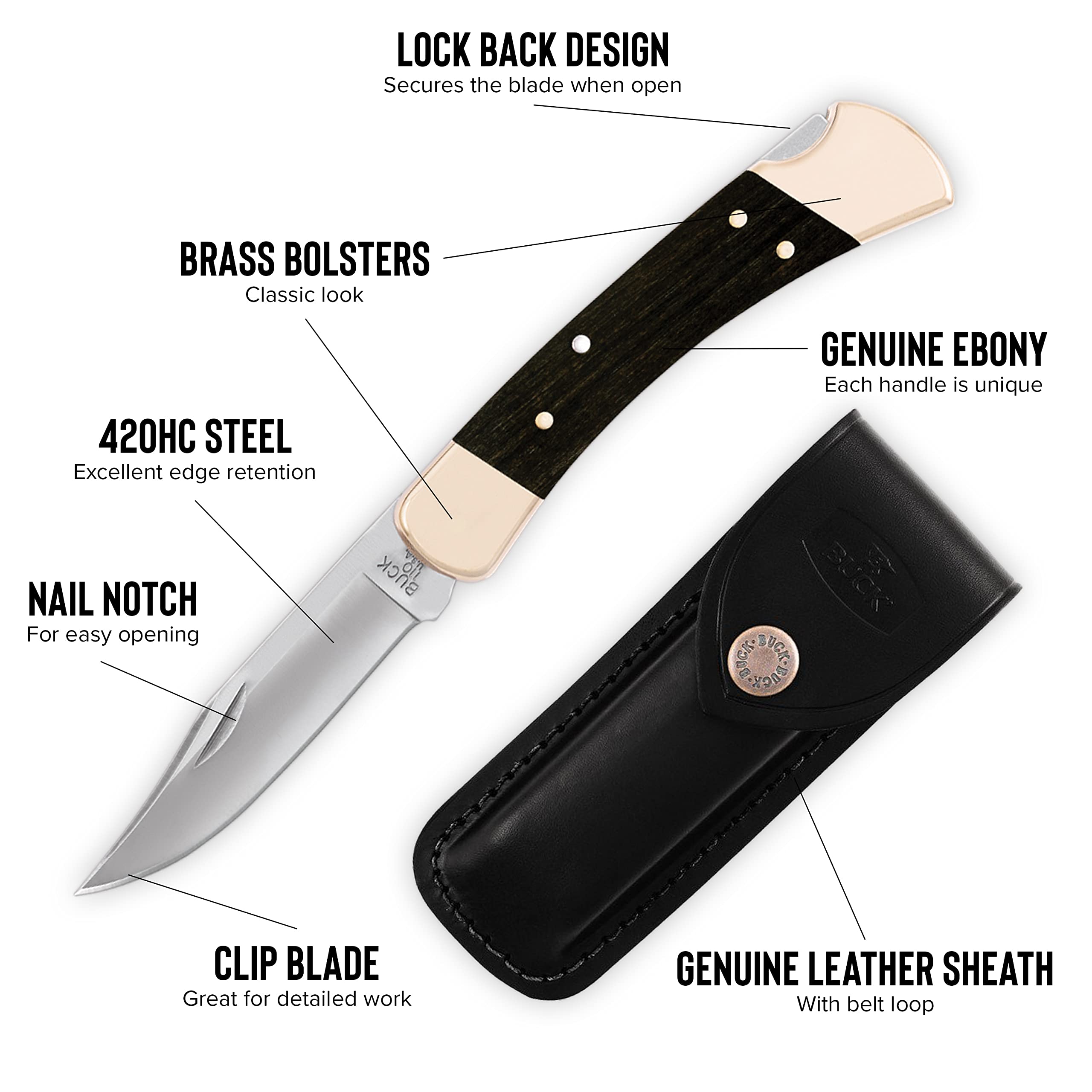 Buck Knives 110 Folding Hunter Lock-back Knife, Brass Bolsters, Ebony Handles, 3-3/4" 420HC Blade with Leather Sheath