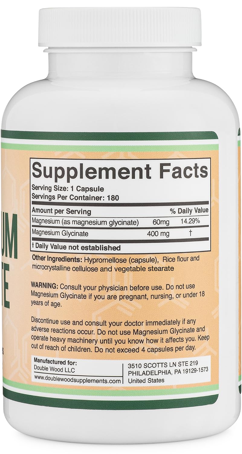 Magnesium Glycinate 400mg, 180 Capsules (Vegan Safe, Third Party Tested, Gluten Free, Non-GMO) High Absorption Magnesium by Double Wood Supplements