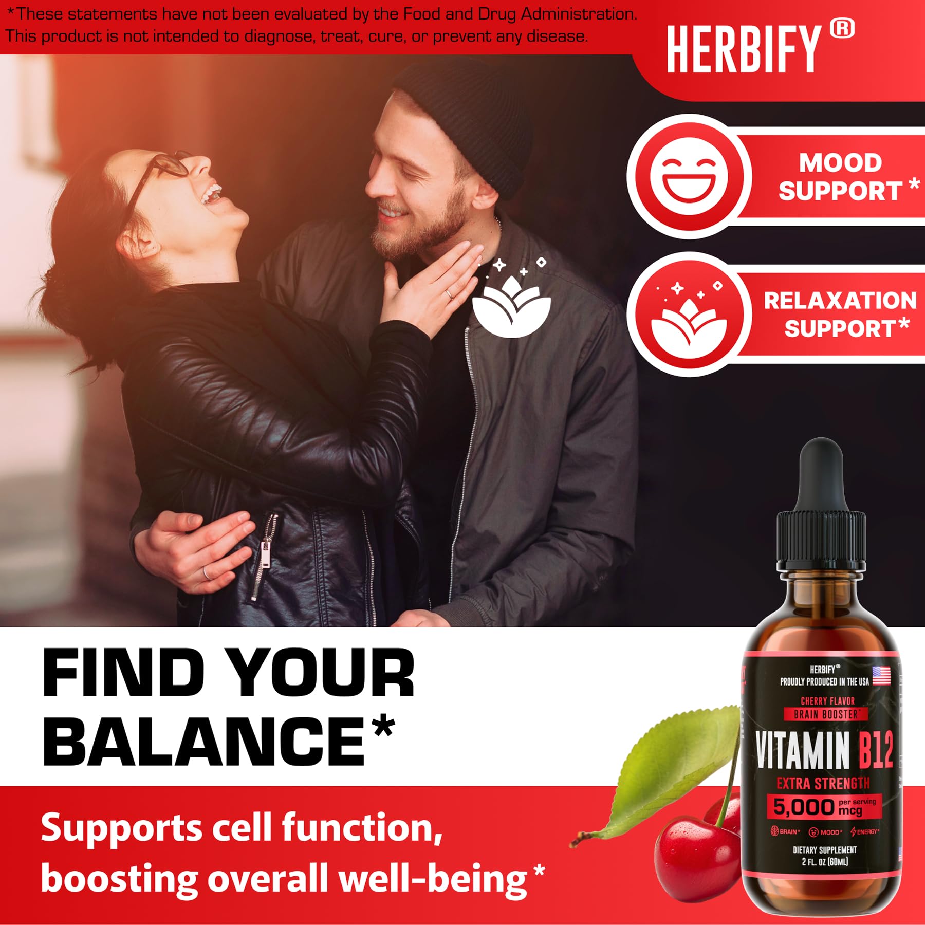 HERBIFY Vitamin B12 Methylated Multivitamin Energy Supplements for Women & Men - Liquid B12 Vitamins 5000 Mcg Methylcobalamin - Energy Support and Immune Health Liquid Vitamin 2 Oz