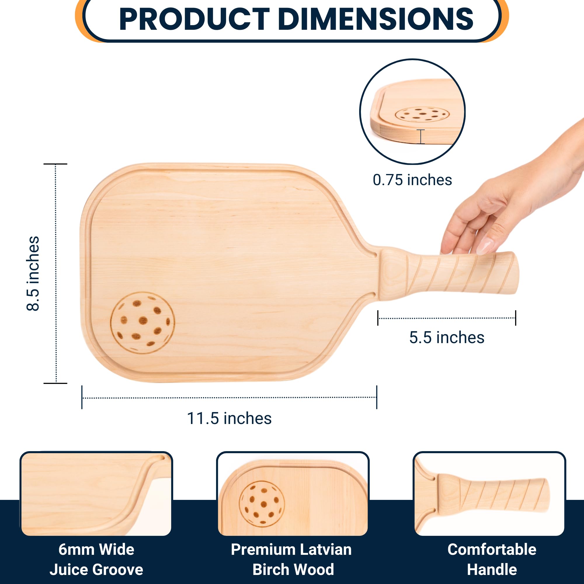 DinkCraft Pickleball Charcuterie & Cutting Board, Pickleball Gift, 17 x 8.5 x 0.75”, Birch Wood, Paddle Shape with Handle, Mineral Oil Finish