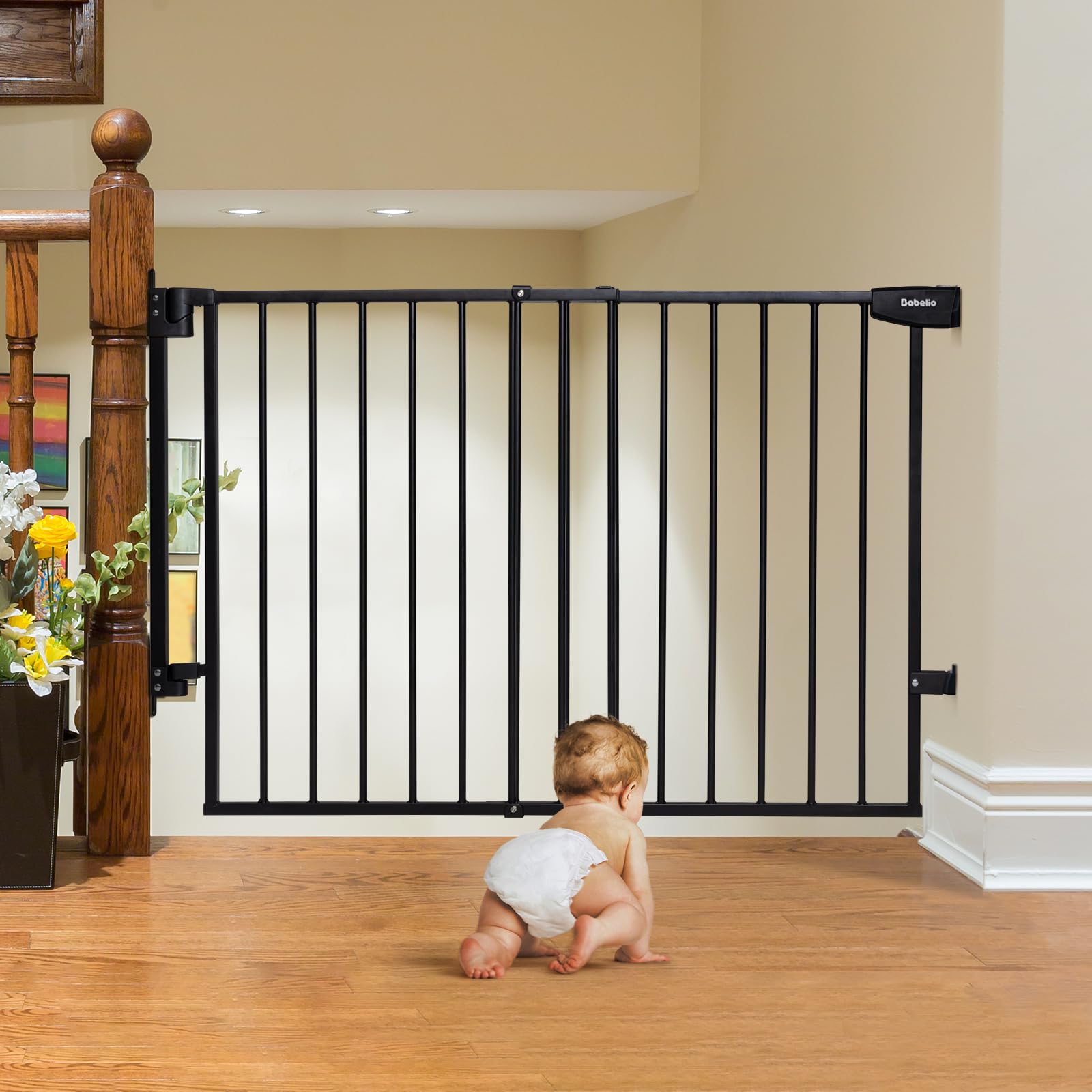 Babelio 29.7-46.5" No Bottom Bar Baby Gate for Stairs, Safety Pet Gates with Large Walk Thru Door, Hardware Mount Dog Gate for The House and Doorways, Black