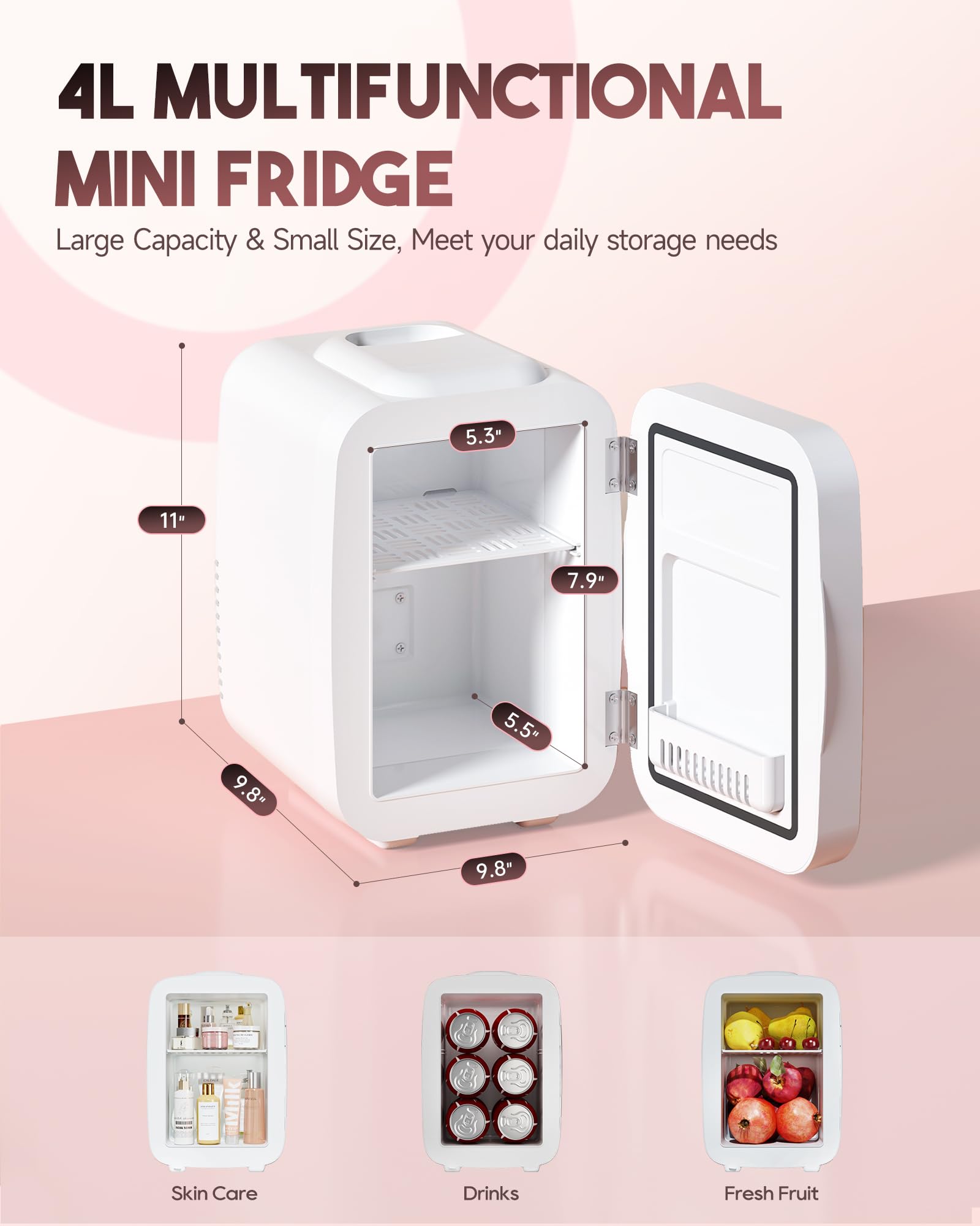 BEICHEN Mini Skincare Fridge with Dimmable LED Light Mirror,4 L/6 Can Mini Fridge for Bedroom,Office, Car, Dorm,Cooler & Warmer, Makeup Fridge for Skin Care, Cosmetics, Food,White