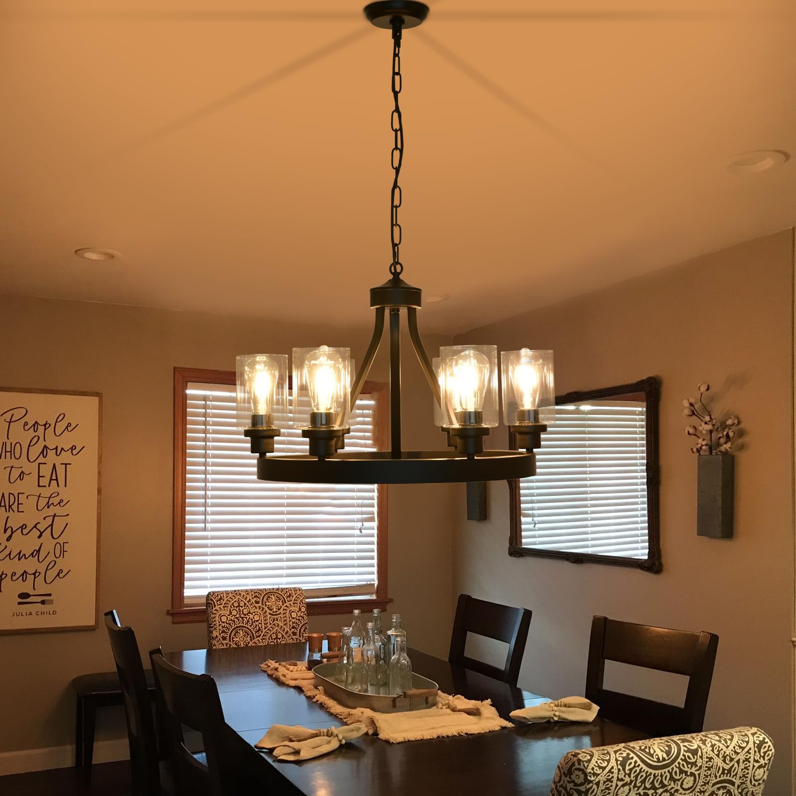 6 Light Farmhouse Chandelier, Black Dining Room Light Fixtures Ceiling Hanging Metal Wagon Wheel Chandeliers Black Pendant Light Fixtures for Kitchen Island, Dining Room, Living Rooom, Bedroom,Foyer