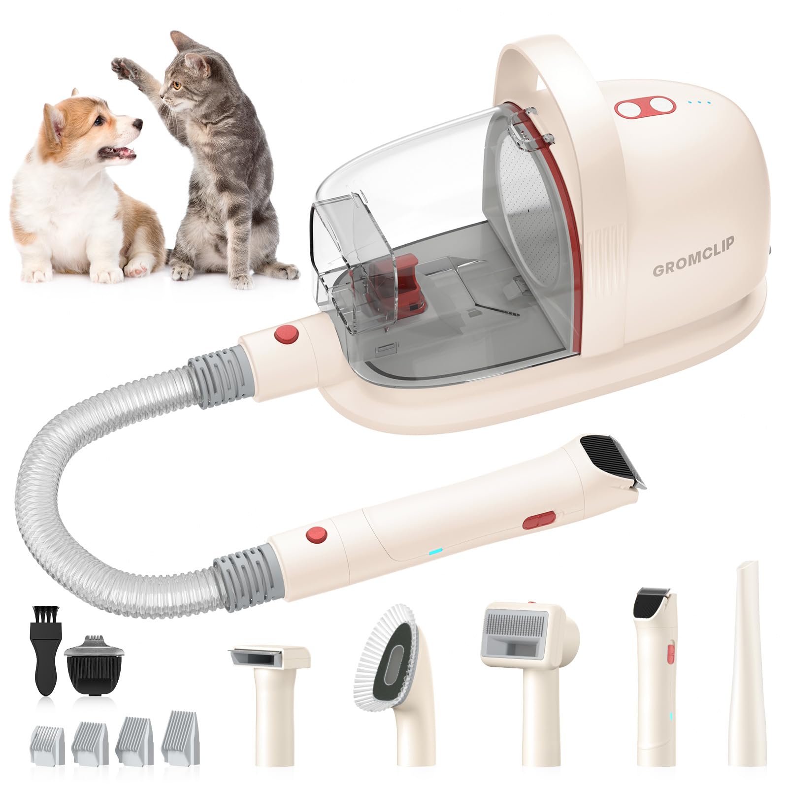 GROMCLIP Pet Grooming Kit with 1.8L Vacuum for Dog Hair Removal, Powerful Suction for Shedding Pets, Quiet Operation, 6 Tools & 4 Combs Included